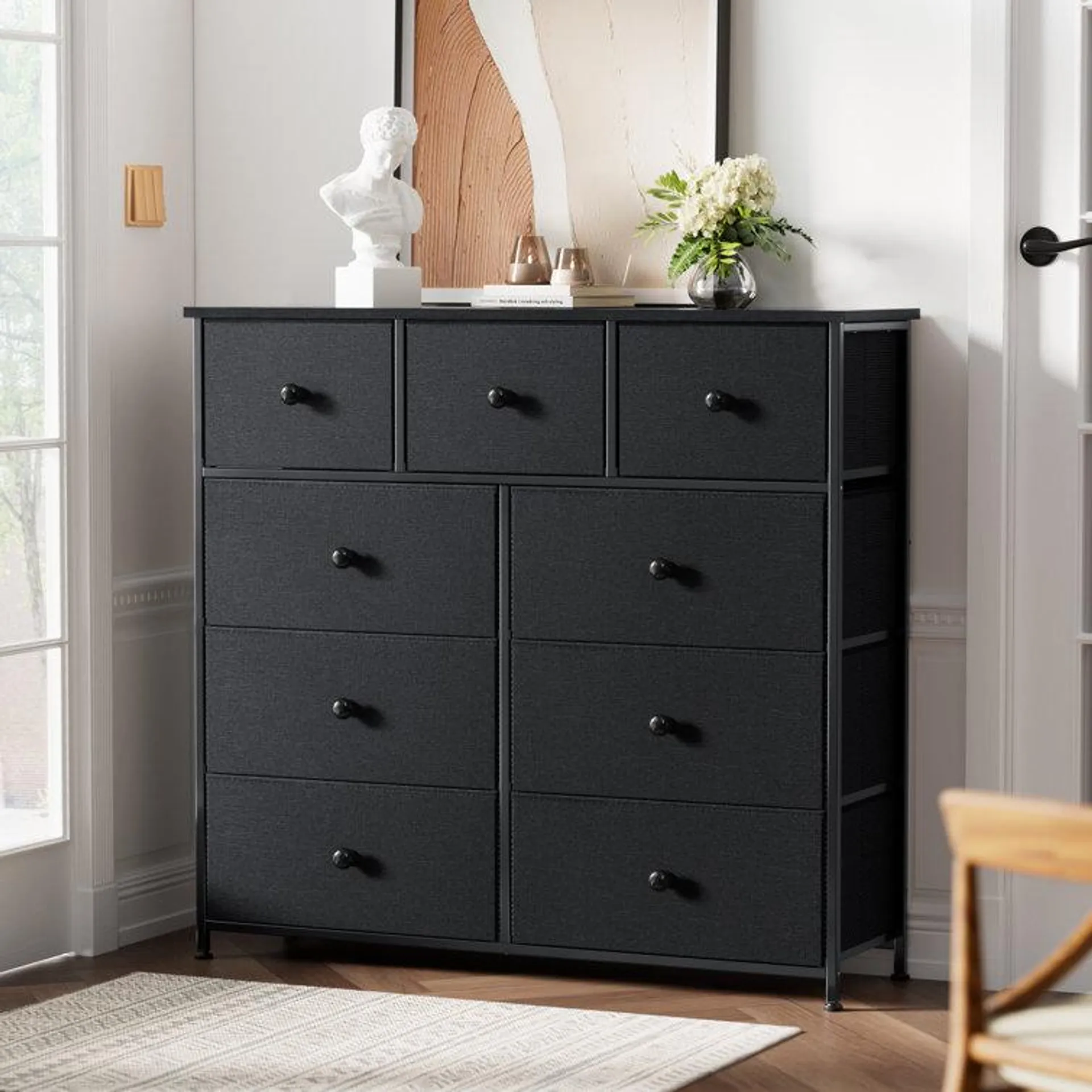 Ojaswi 9 Dresser, Chest of Drawers with Wide 39'', Easy-Pull Fabric & Wood Dressers with Top