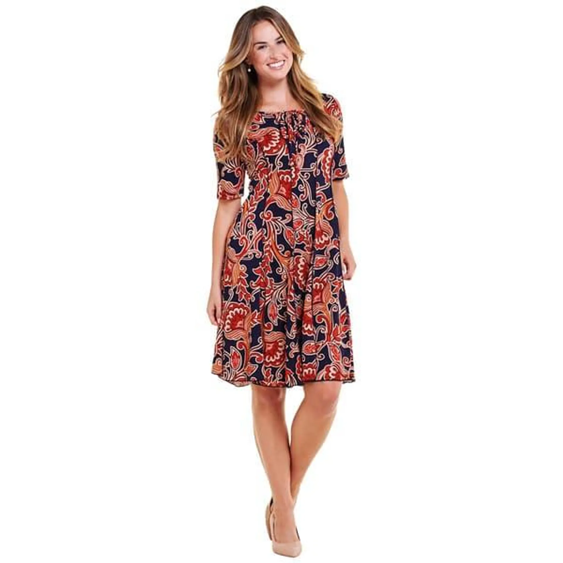 Womens Sami & Jo Short Sleeve Tie Neck Scroll Shift Dress