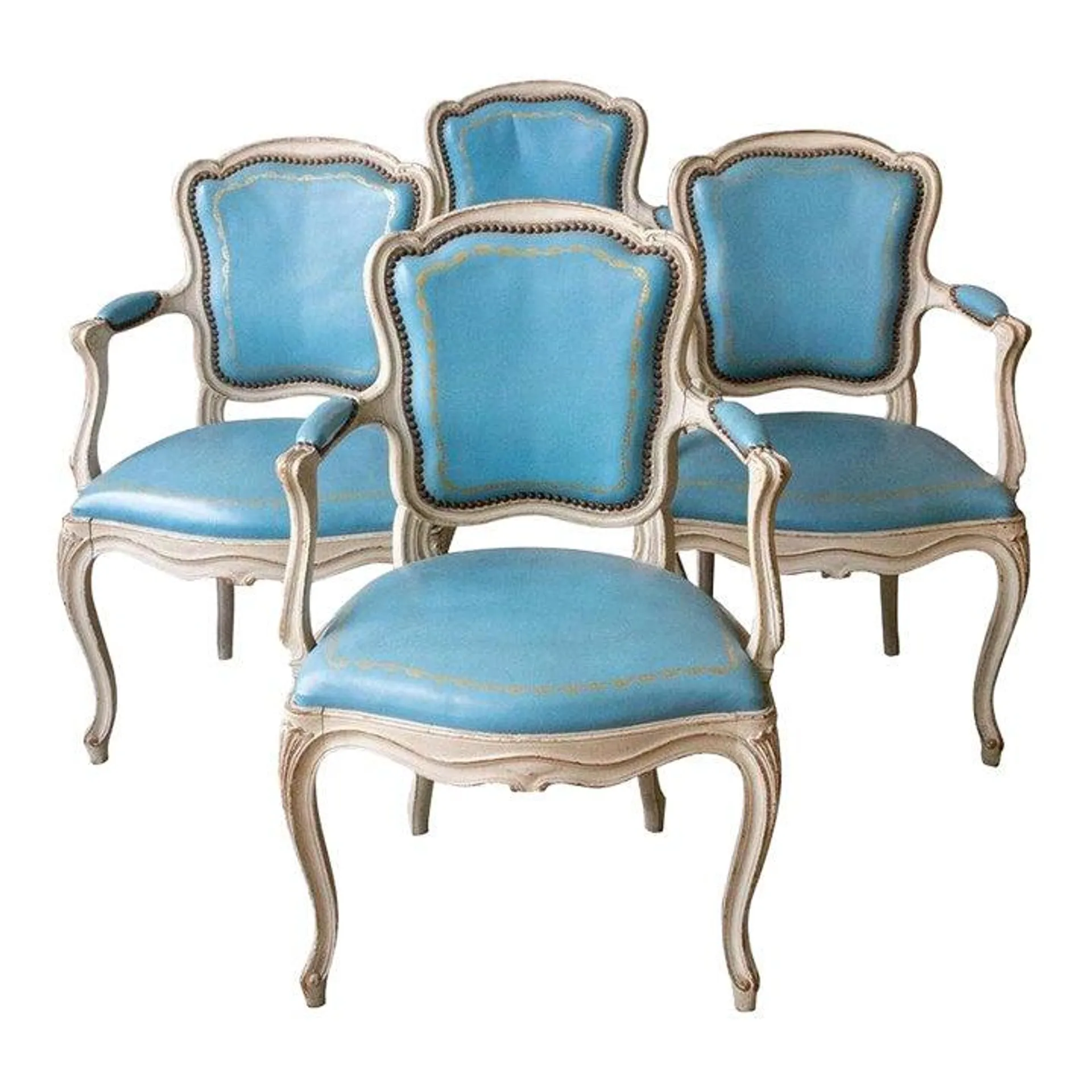 Set of 4 Louis XV Style Armchairs in Blue Leather