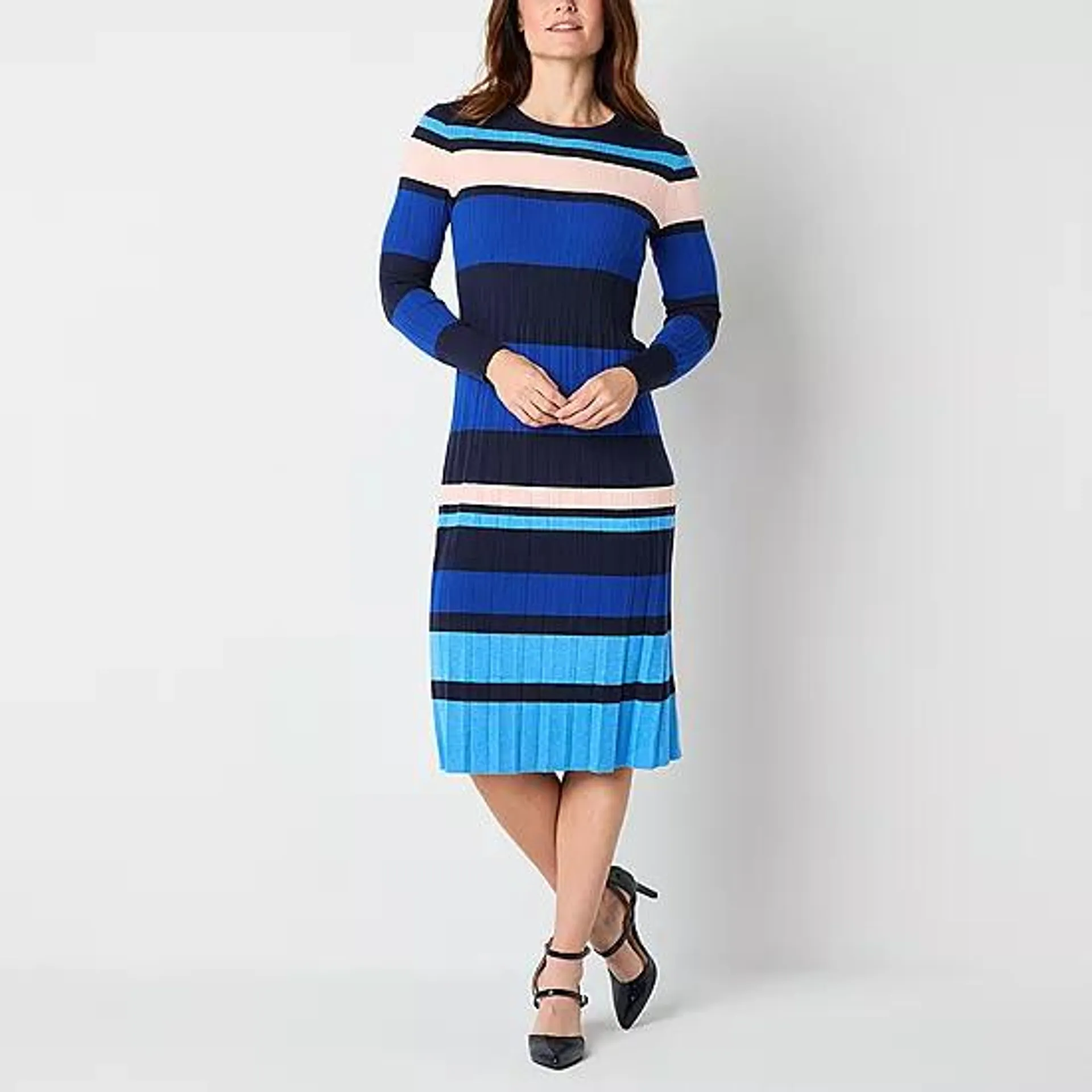 new! Liz Claiborne Womens Long Sleeve Striped Midi Sweater Dress