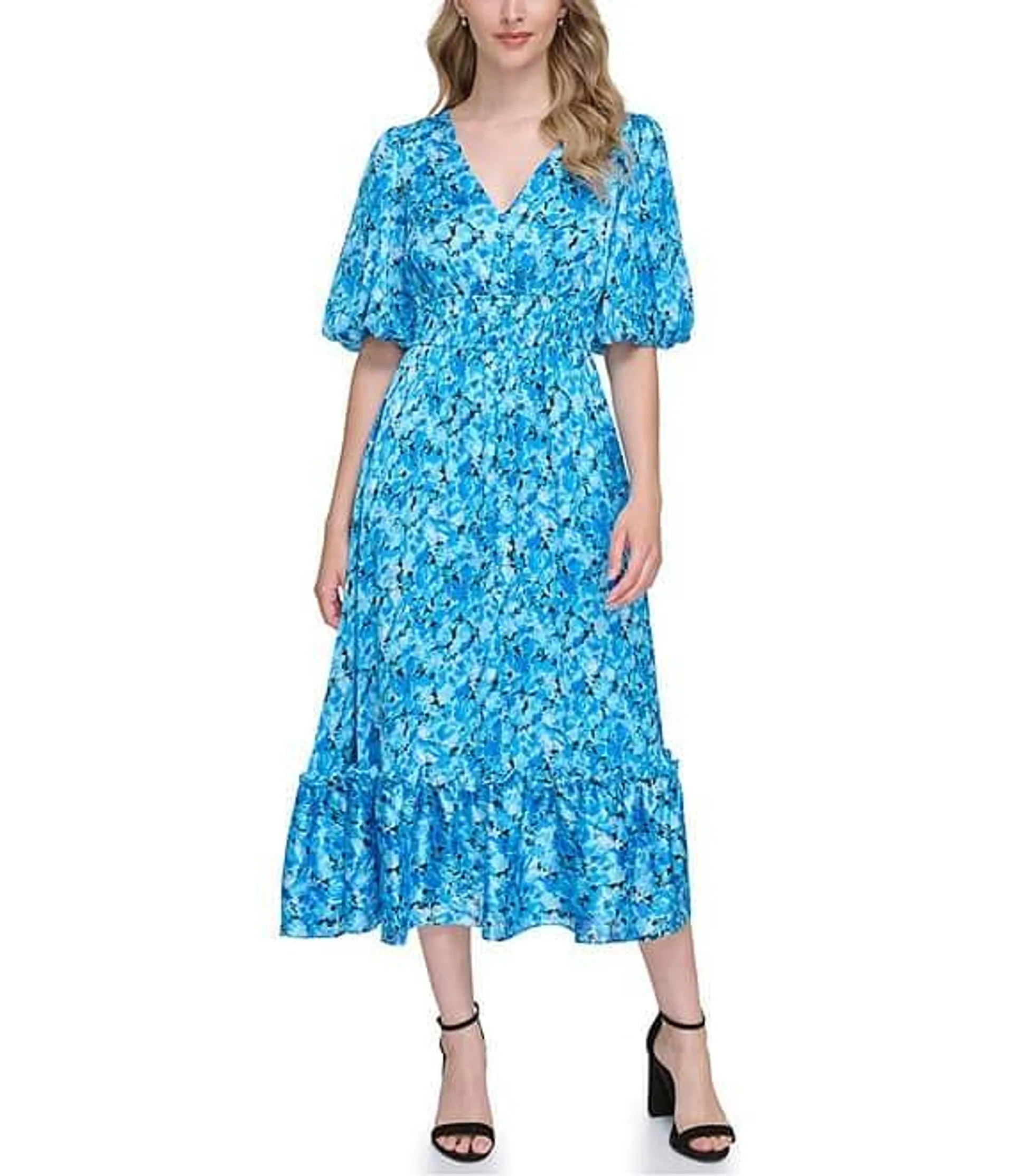 Floral Print V-Neck Short Puffed Sleeve Flounce Hem Maxi Dress