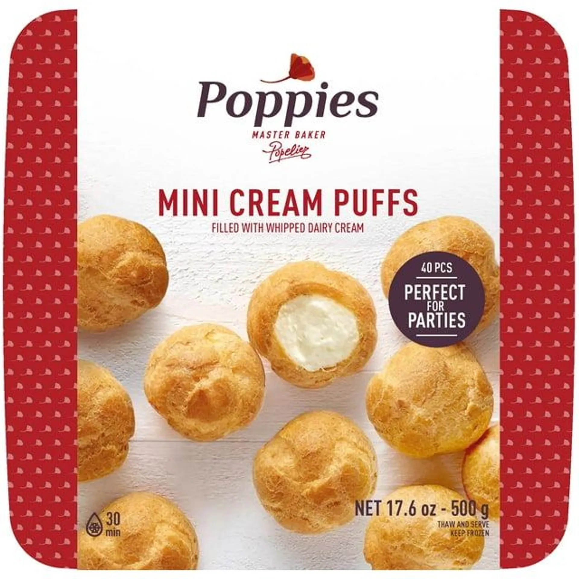 Poppies Frozen Mini Cream Puffs, Pastry Shells Filled with Rich Vanilla Dairy Cream, Thaw & Serve, 17.6 oz