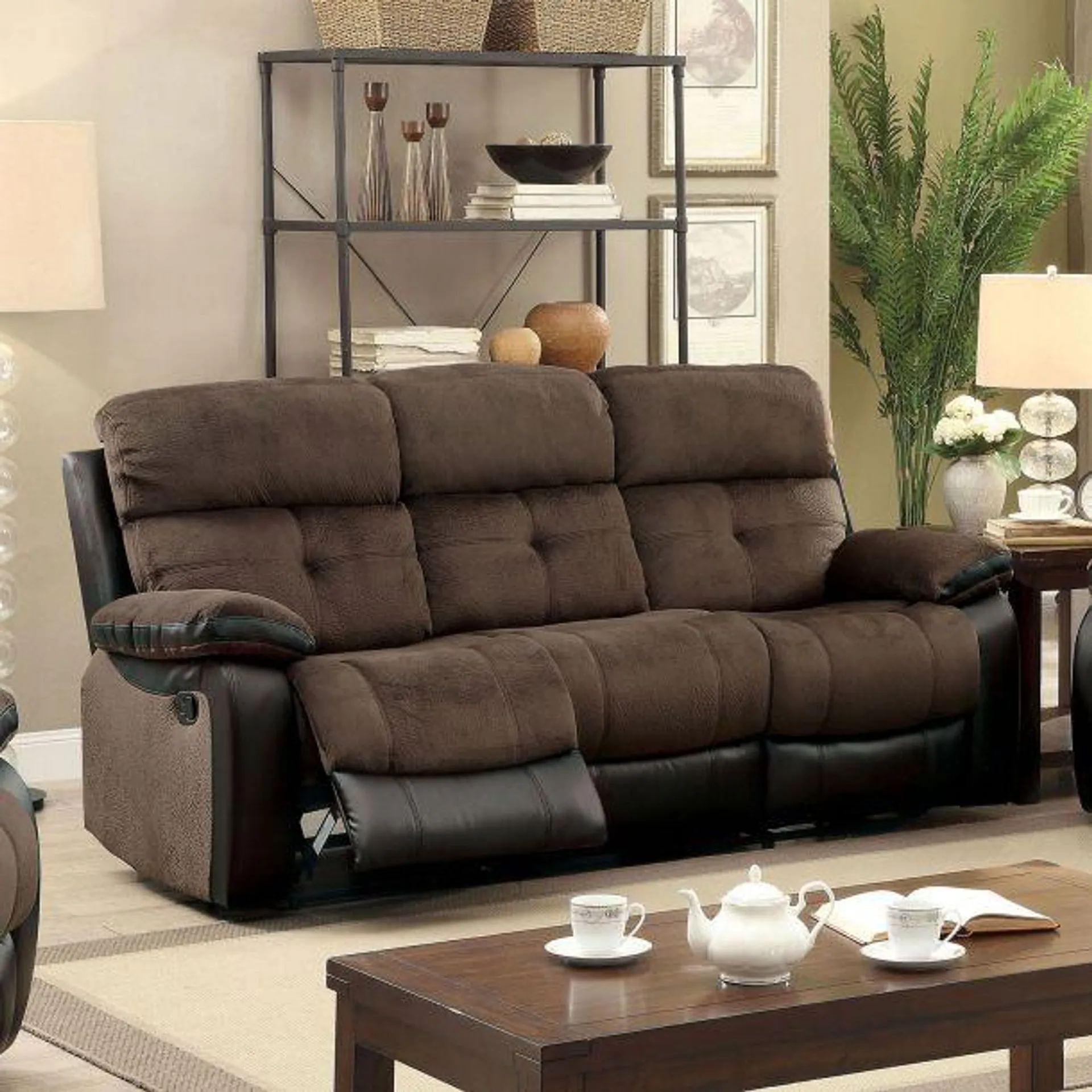 Hadley 84" Sofa with Built-in Cup Holders & Storage in Loveseat by Furniture of America - Brown/Black