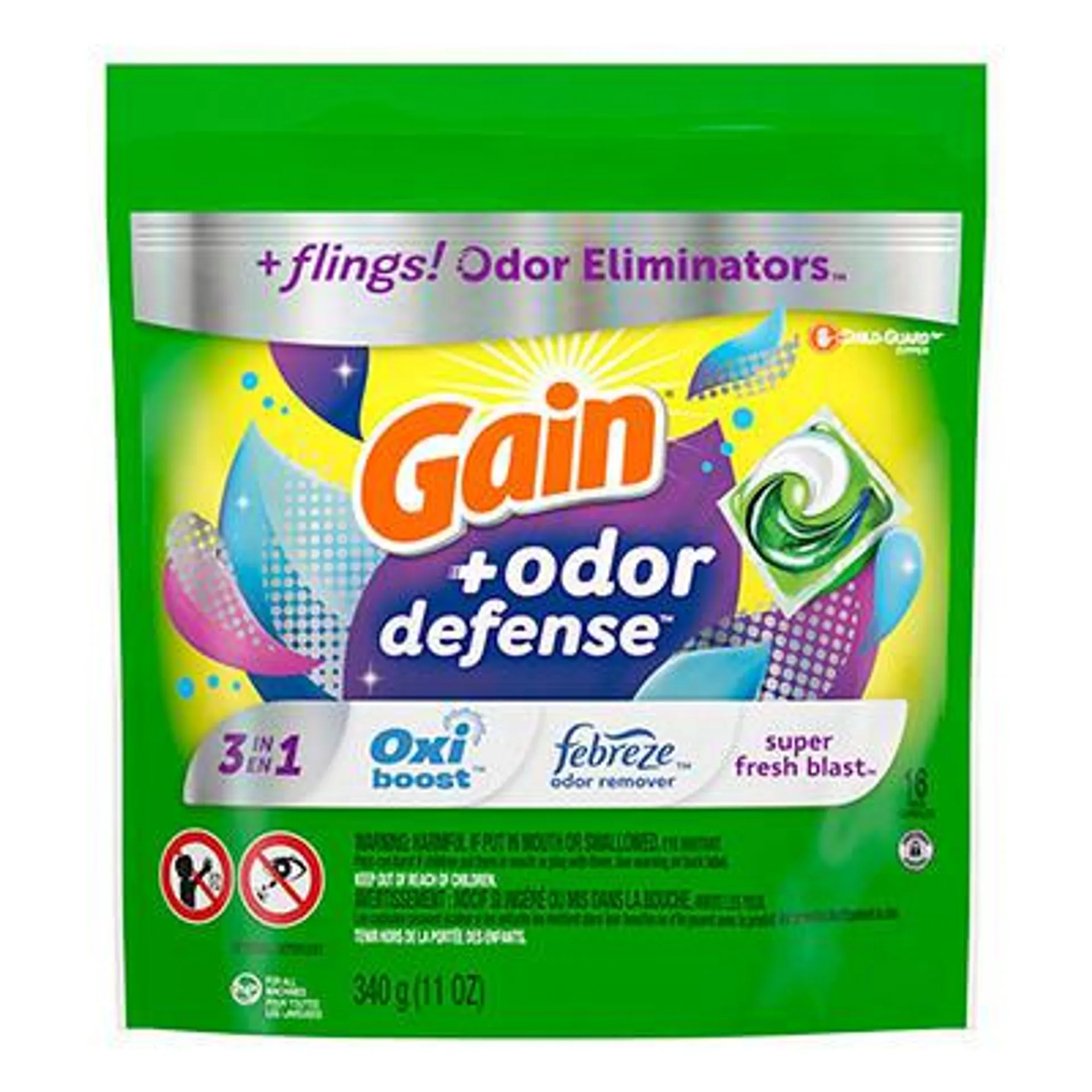 Odor Defense Flings Laundry Detergent Soap Pacs, Super Fresh Blast, 16-Count