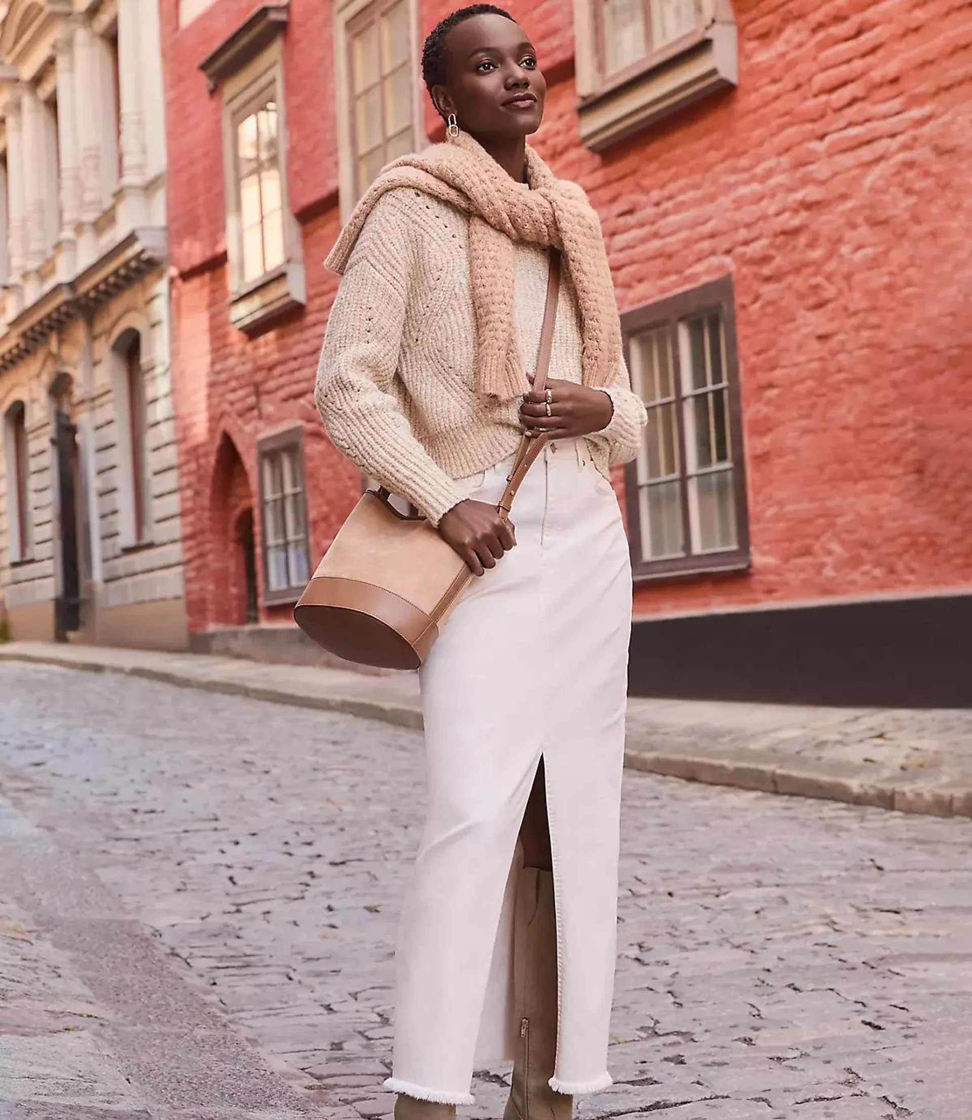 Frayed Denim Maxi Skirt in Ivory