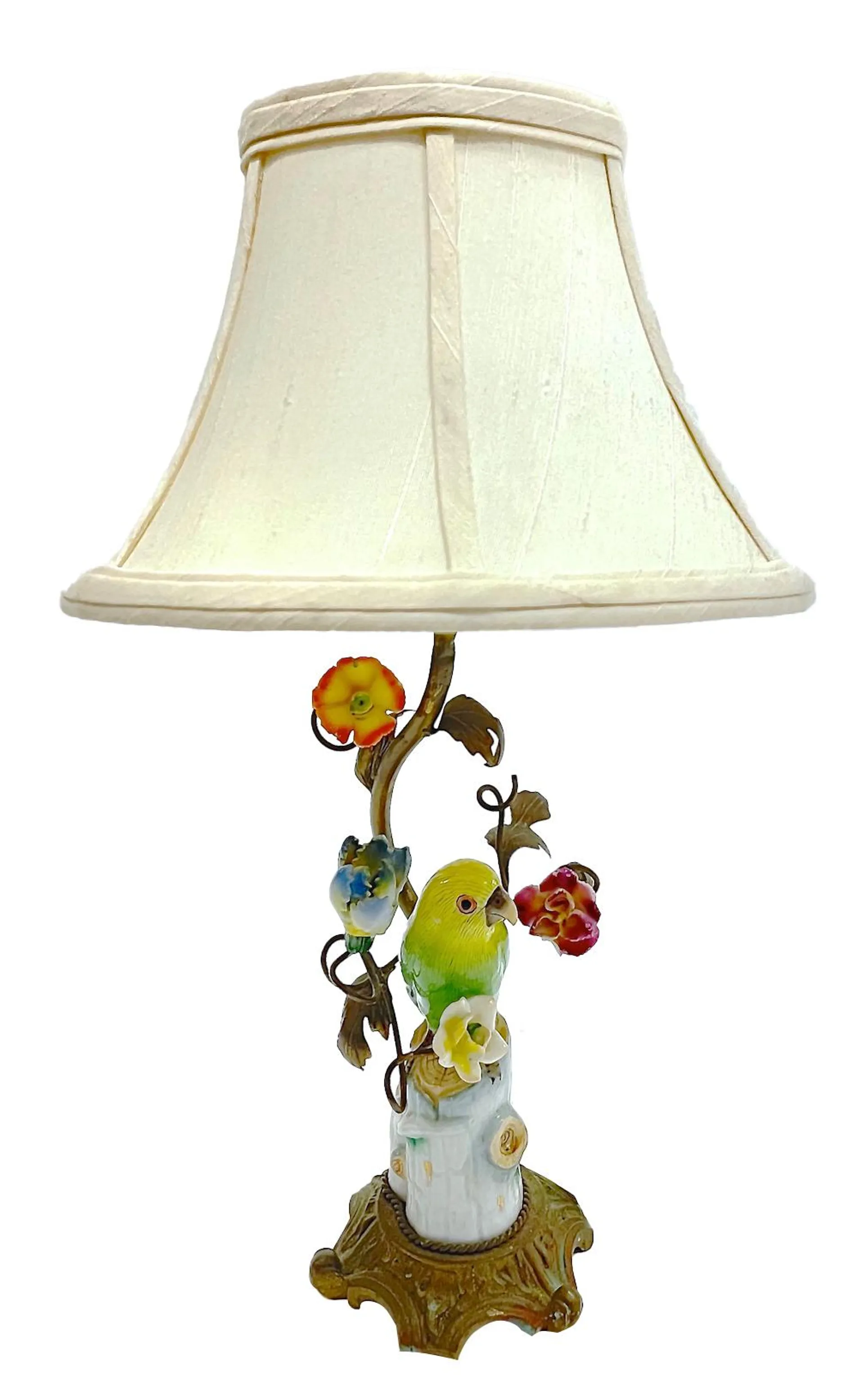 Bronze-Porcelain Parakeet & Floral Lamp