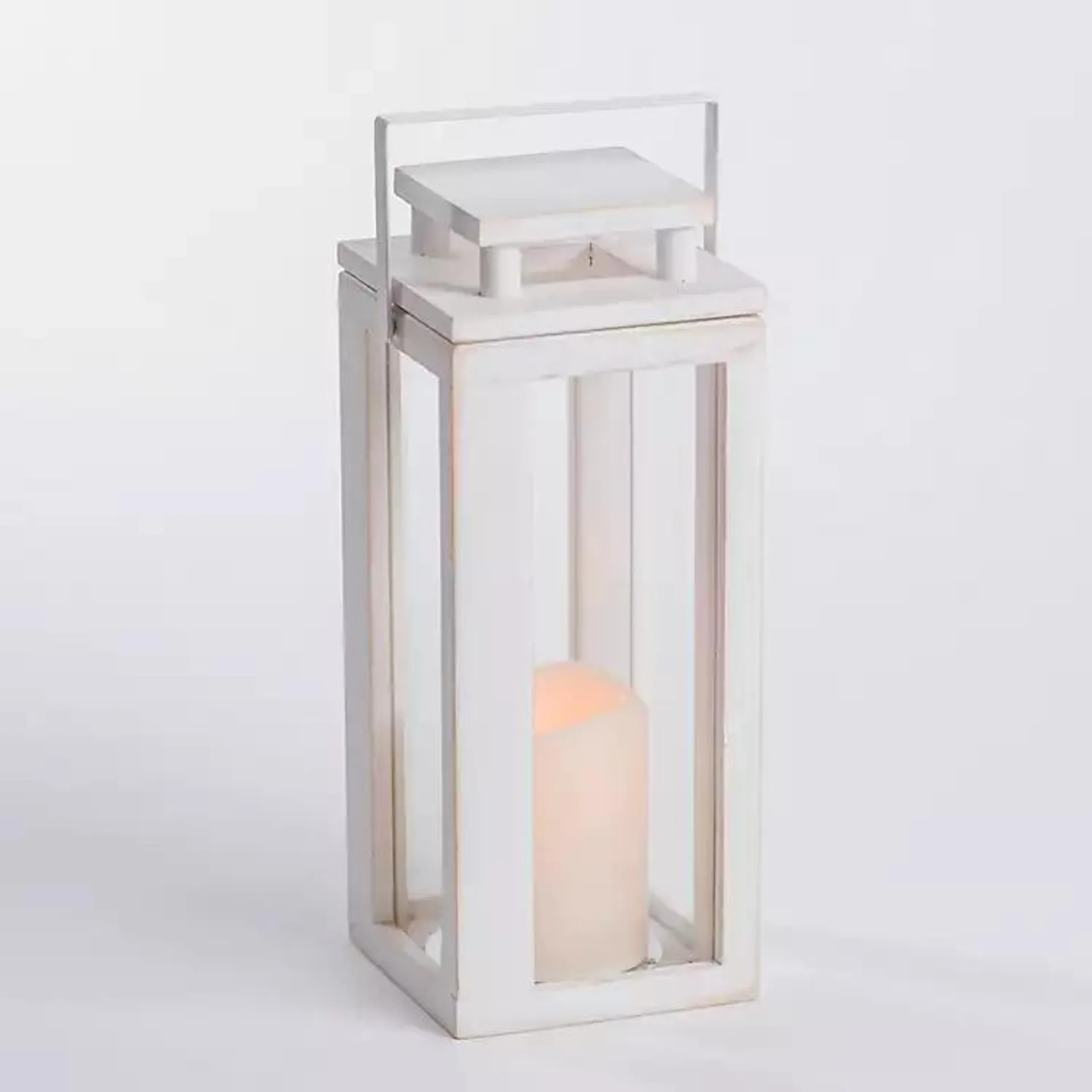 Pre-lit Whitewashed Wood & Glass Lantern, 11 in.