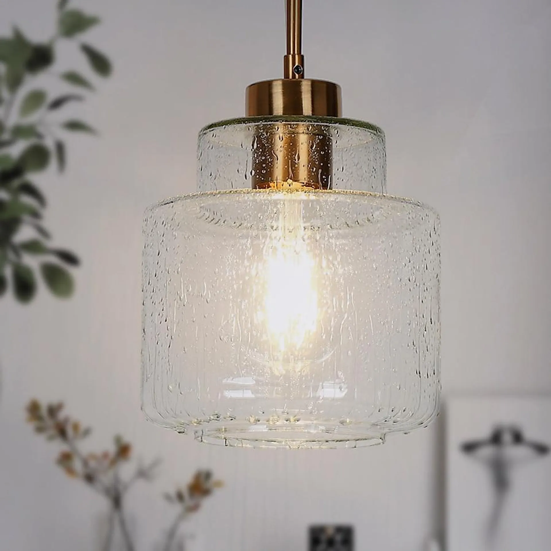 Uolfin Brass Gold and Raindrops Glass In Drum Shape Modern/Contemporary Textured Glass Geometric LED Mini Hanging Kitchen Island Light