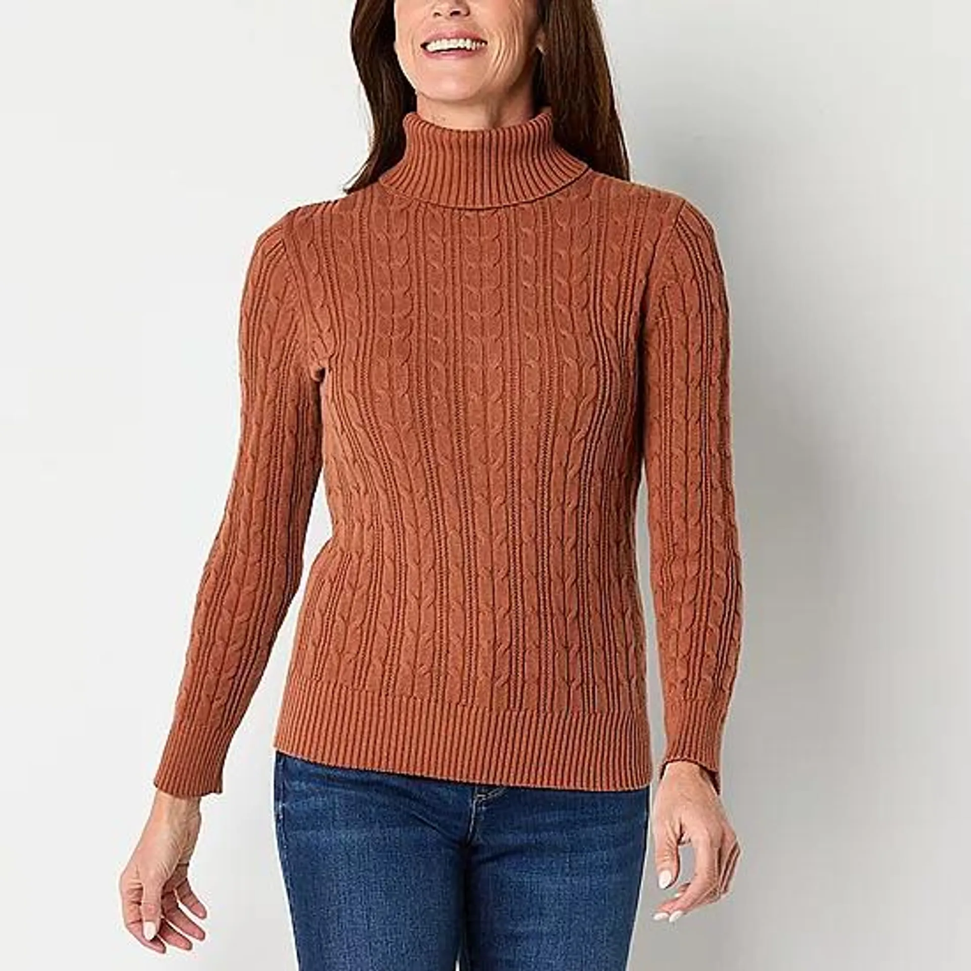 St. John's Bay Womens Turtleneck Long Sleeve Cable Knit Pullover Sweater