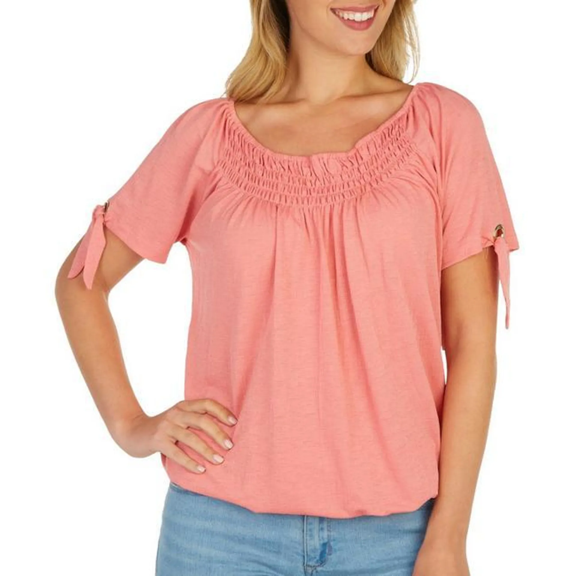 Womens Solid Smocked Short Sleeve Top