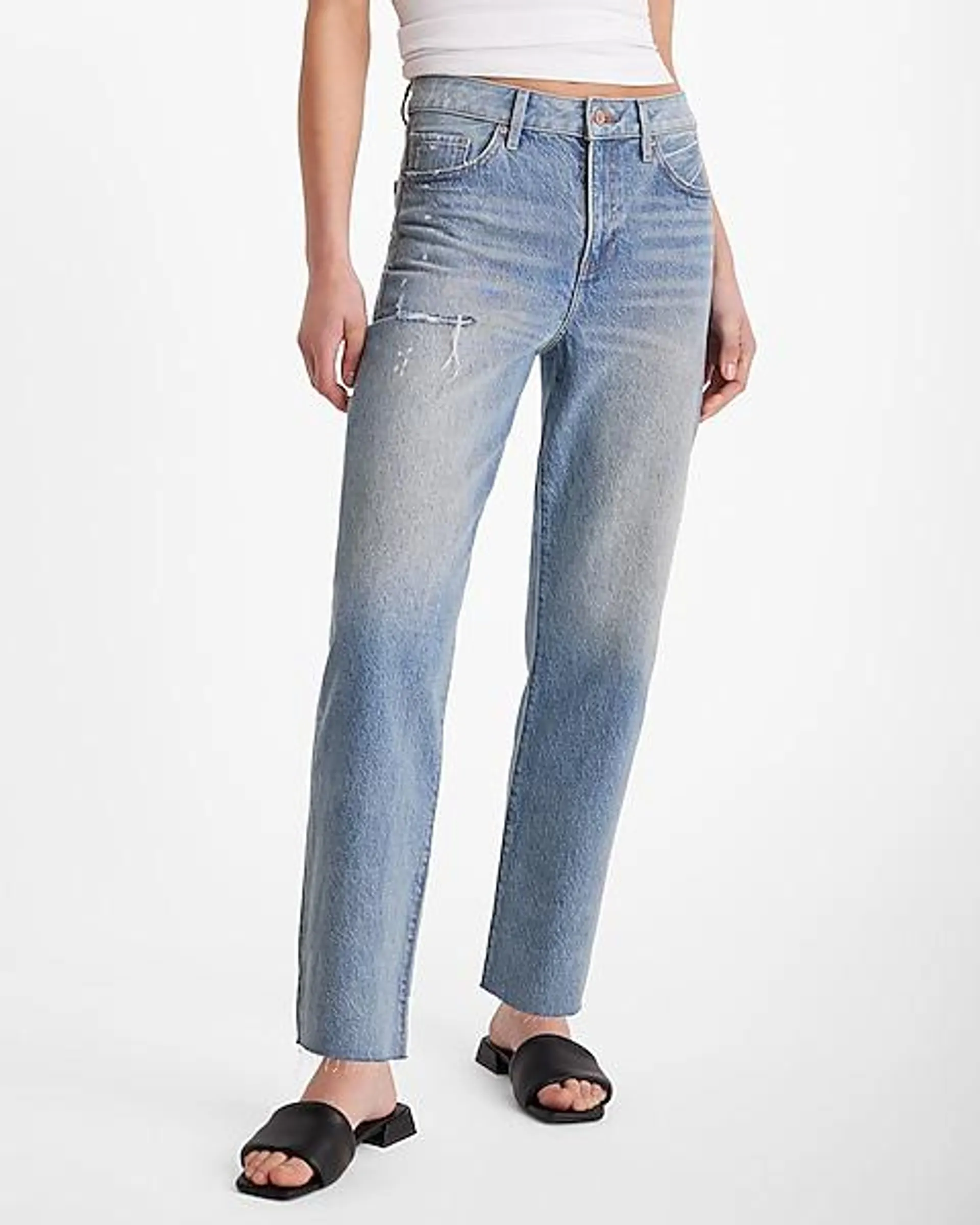 High Waisted Light Wash 50/50 Rigid Stretch Straight Ankle Jeans