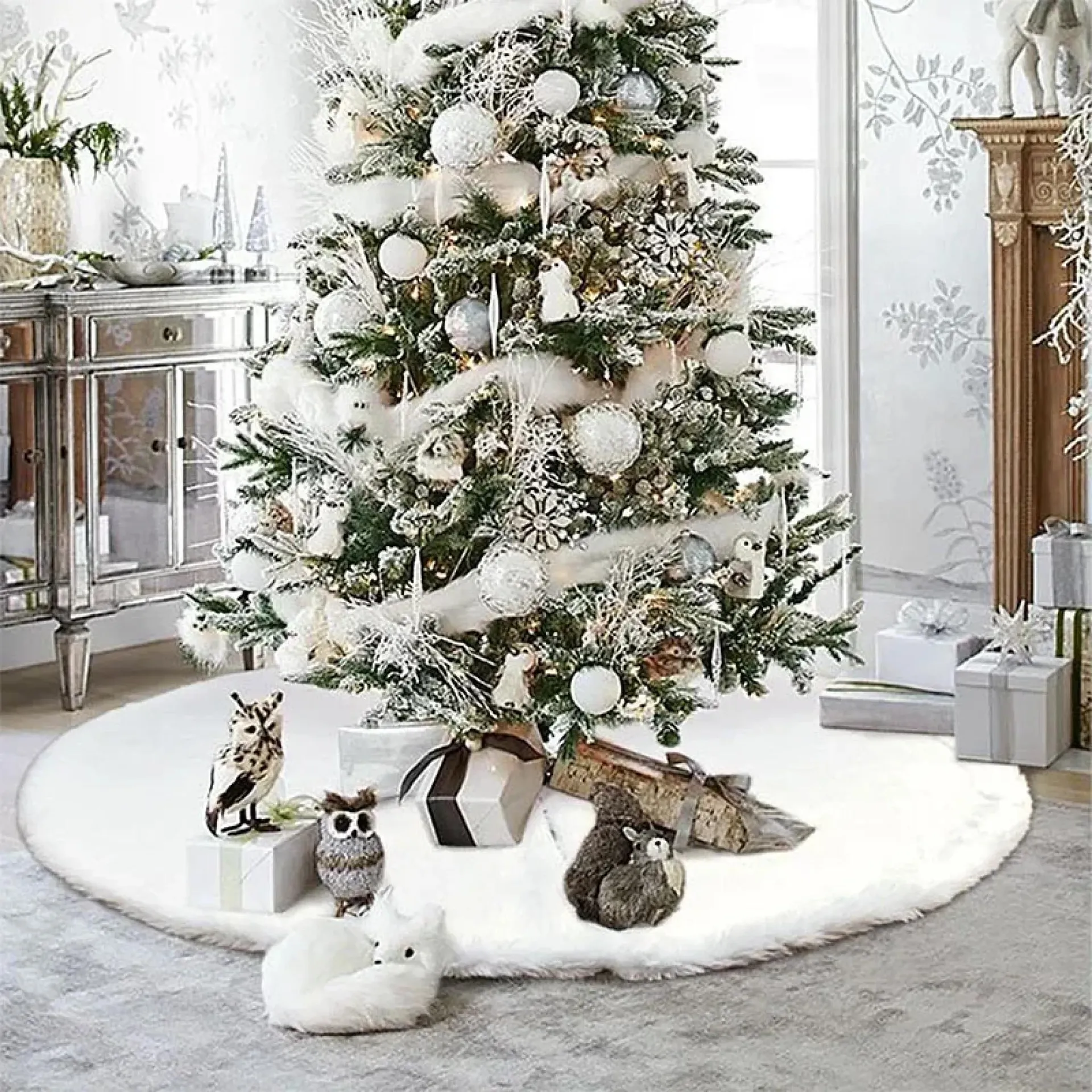 Faldas para árbol de Navidad de 78/90/122 cm, tapete de felpa blanco, falda de felpa navideña, tapete base para árbol de Navidad, adorno para Año Nuevo, decoración navideña para el hogar