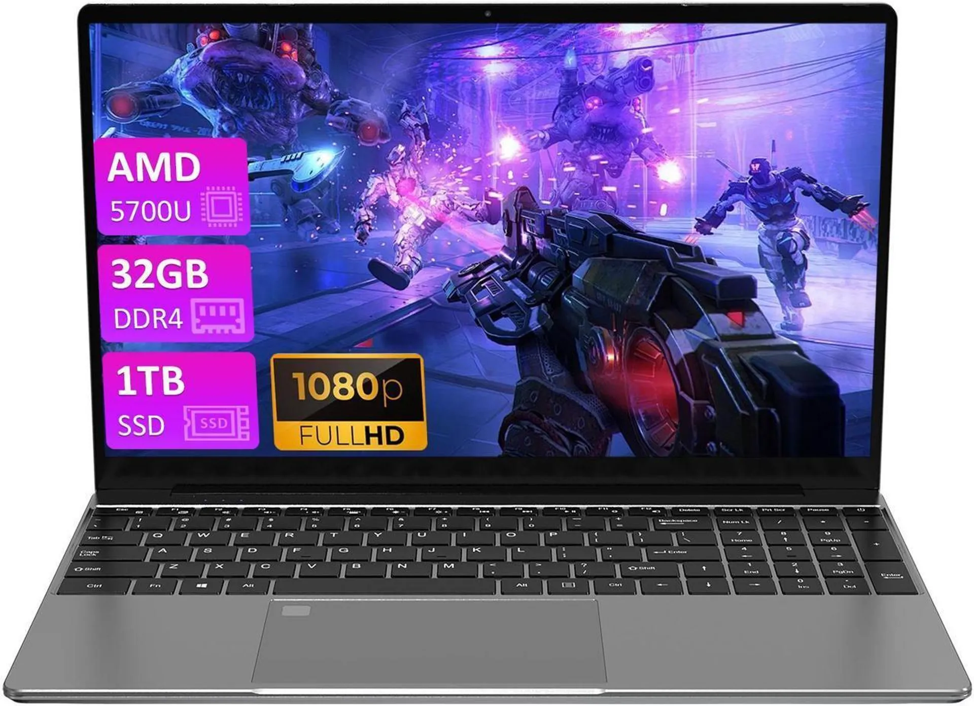 Auusda 15.6" Gaming Laptop w/AMD Ryzen 7 5700U up to 4.3GHz, 32GB DDR4 RAM 1TB NVMe SSD, Windows 11 Pro Laptop Computer, Backlit Keyboard, Fingerprint Unlock, Notebook, Gray