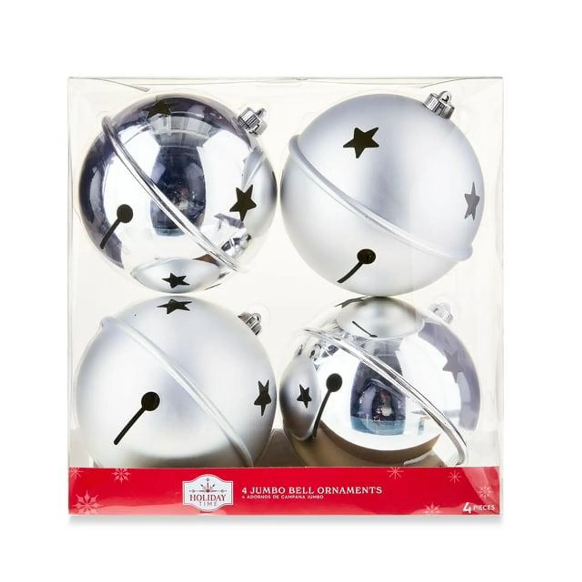 4-Count Silver Jumbo Bell Shatterproof Christmas Ornaments, Holiday Time