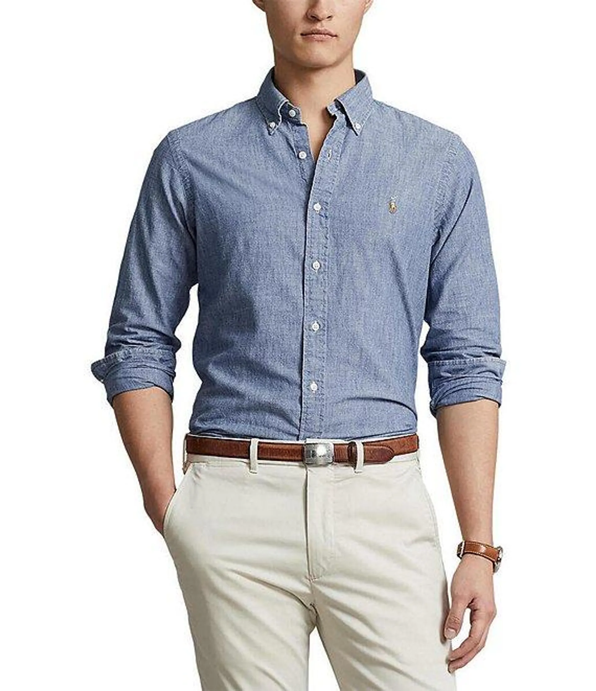 Classic-Fit Button-Front Solid Chambray Shirt