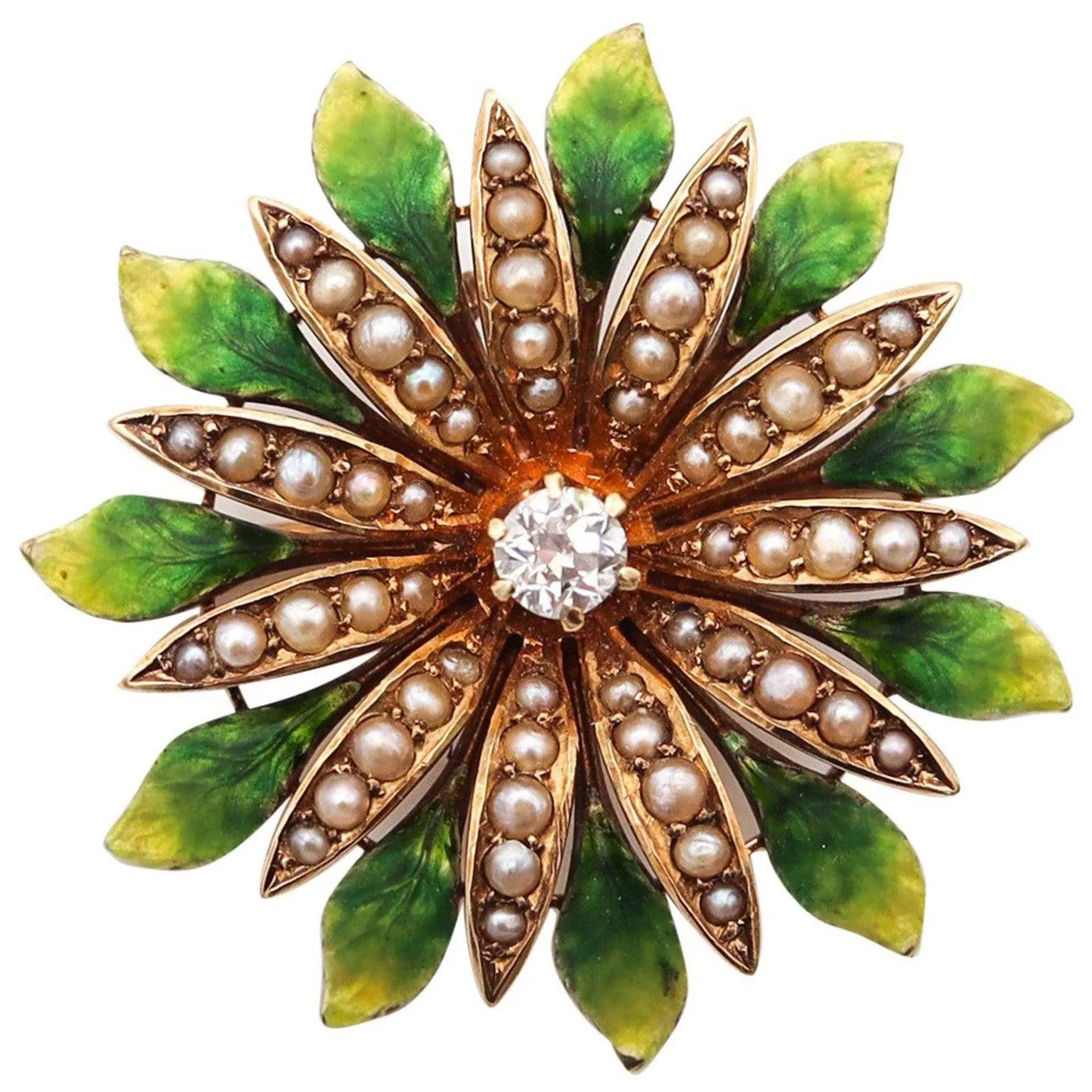 EDWARDIAN 1908 Enameled Flower Pendant In 14Kt Yellow Gold With Diamond & Pearls