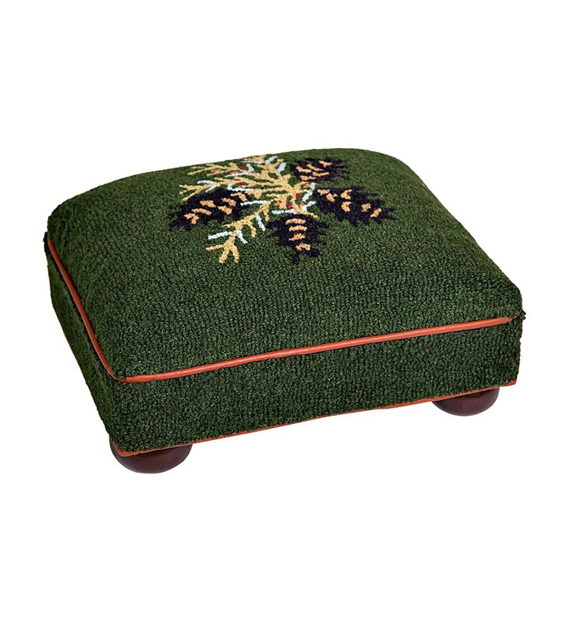 Pine Cone Hand-Hooked Wool Footstool