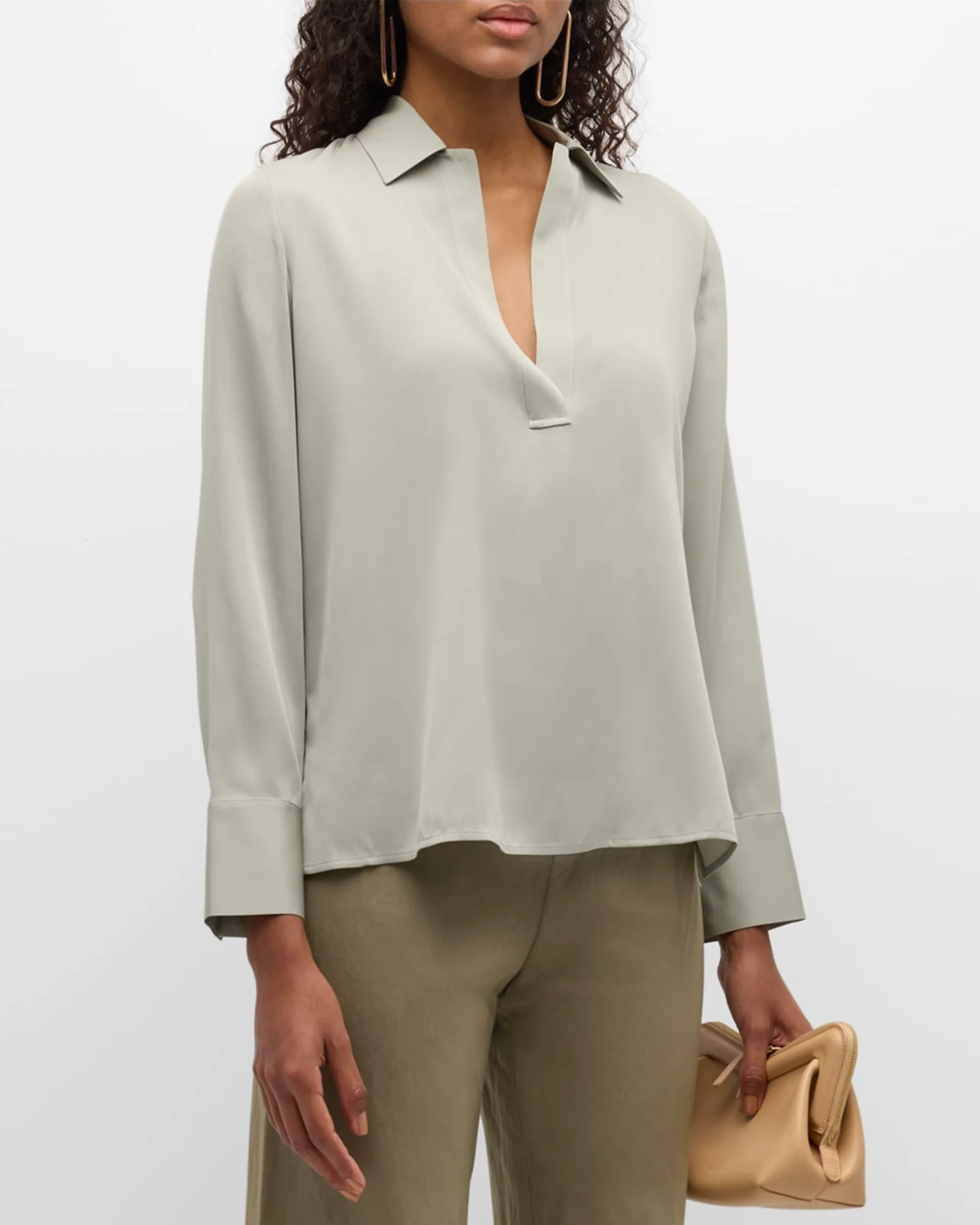 Long-Sleeve Silk Pullover Polo Top