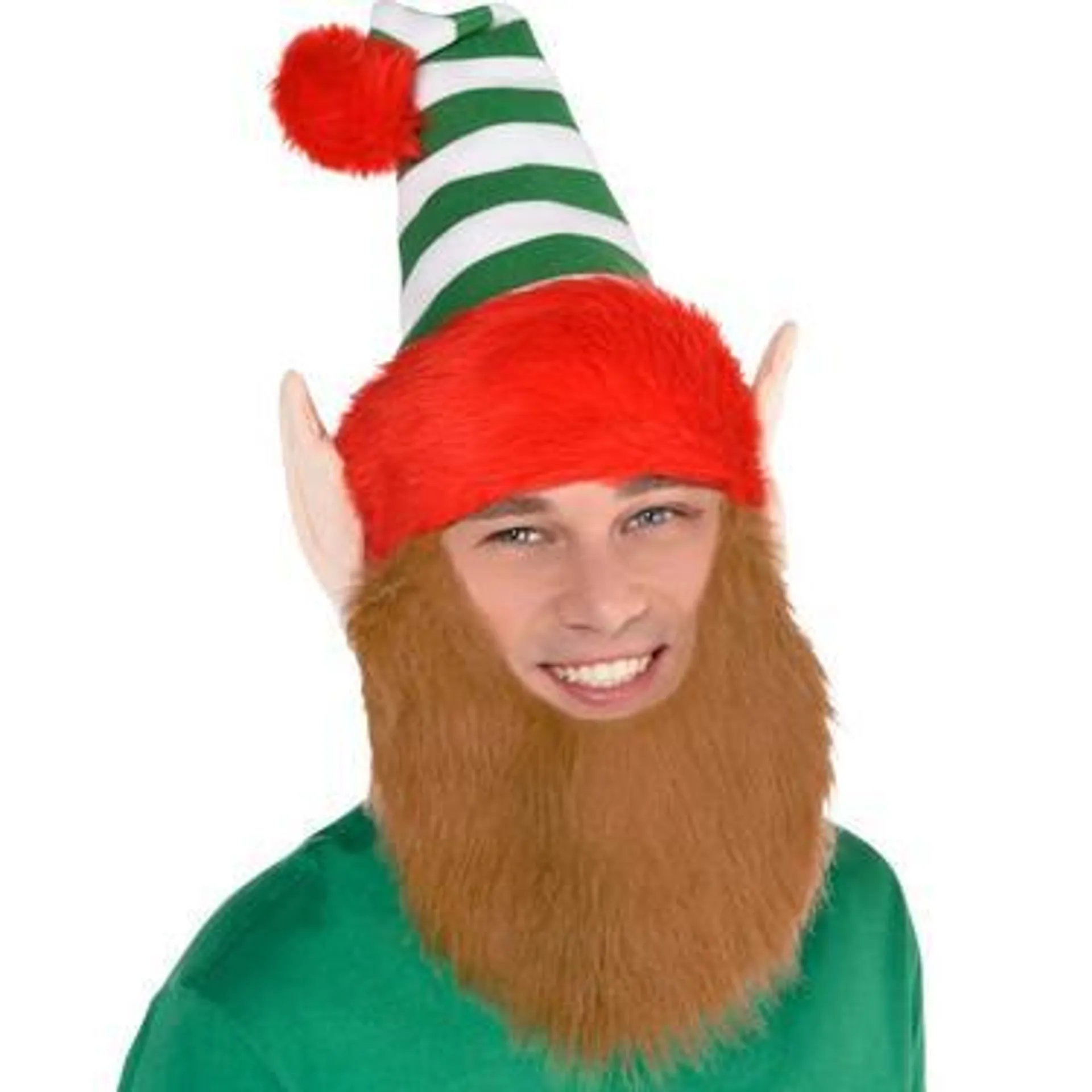 Adjustable Green Striped Elf Hat with Beard for Kids & Adults