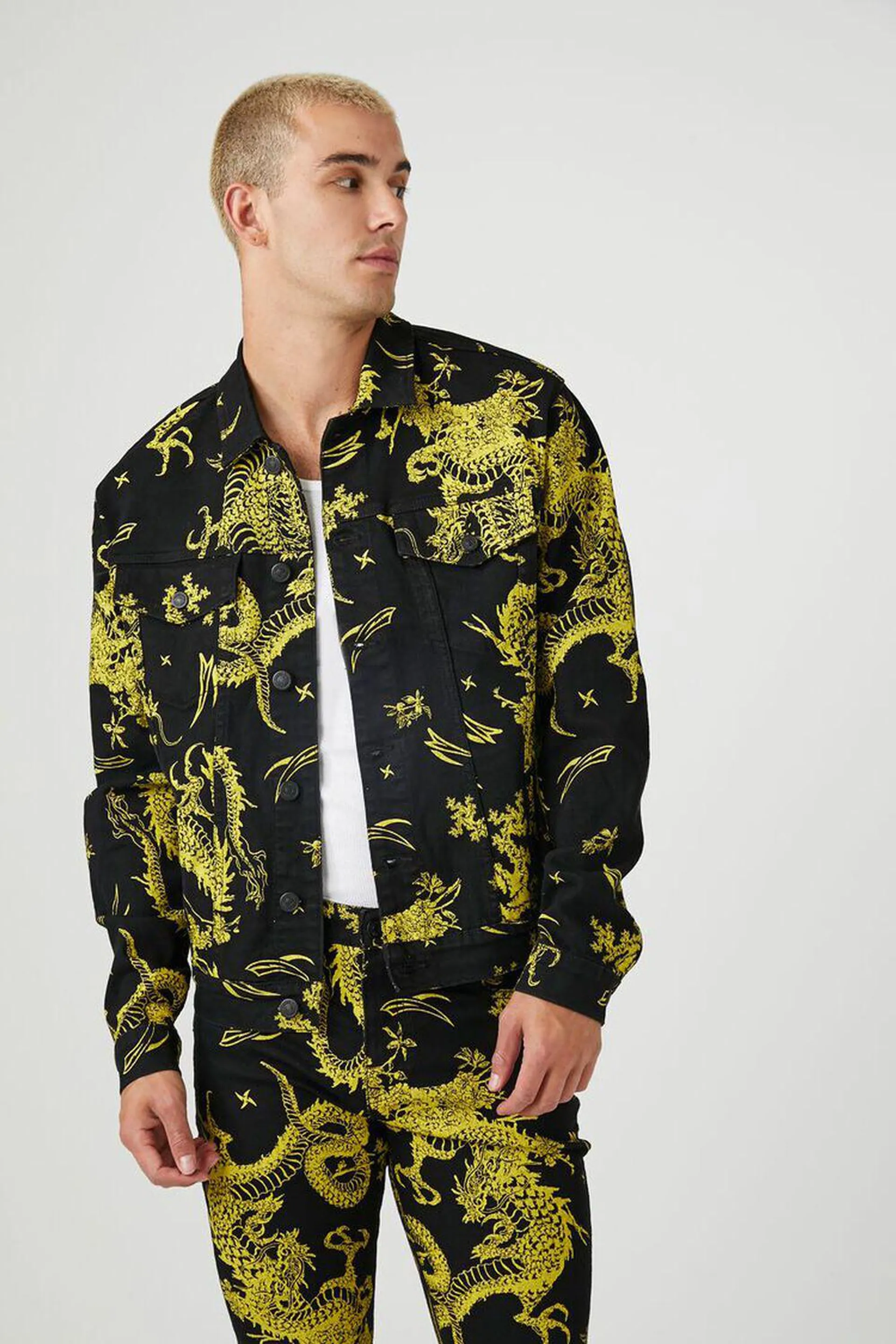 Dragon Print Denim Trucker Jacket