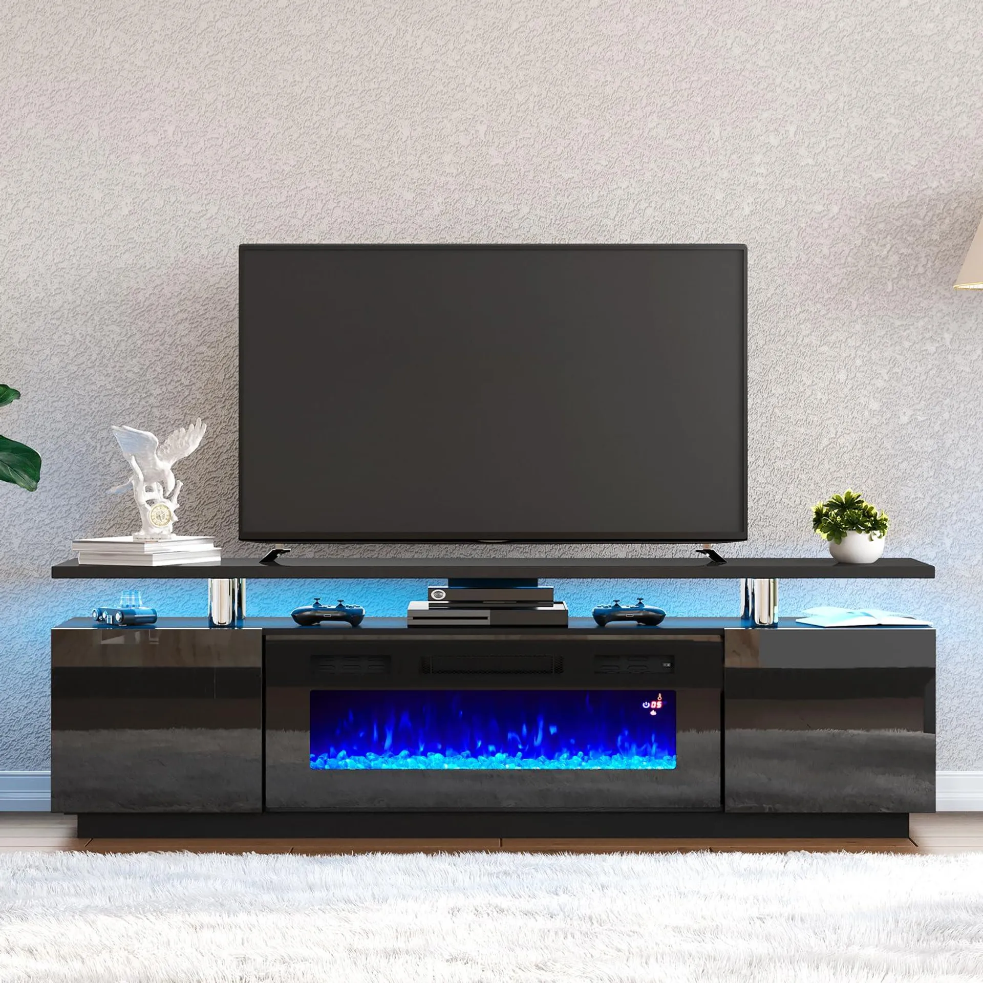 AMERLIFE Fireplace TV Stand with 36 Fireplace 70 Modern High Gloss Fireplace Entertainment Center LED Lights 2 Tier TV Conso