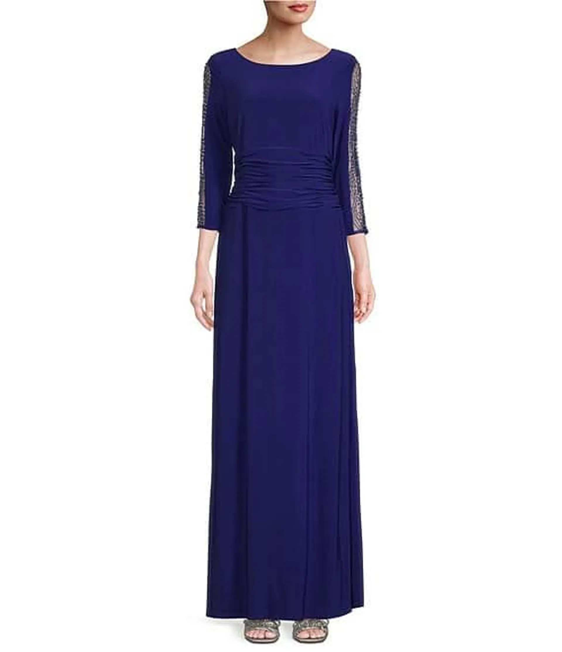 Embellished 3/4 Sleeve Ruched Bodice Boat Neck Column Gown