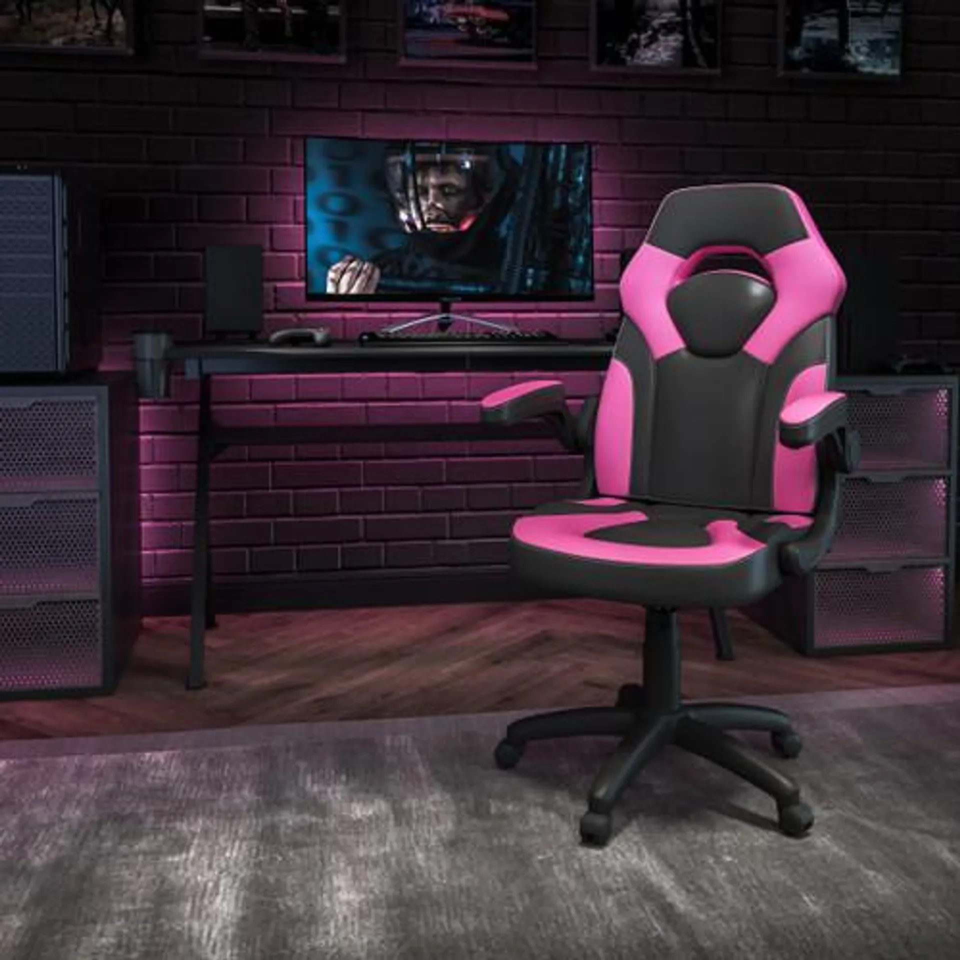 X10 Gaming Chair Racing Ergonomic Computer PC Adjustable Swivel Chair with Flip-up Arms, Pink/Black LeatherSoft