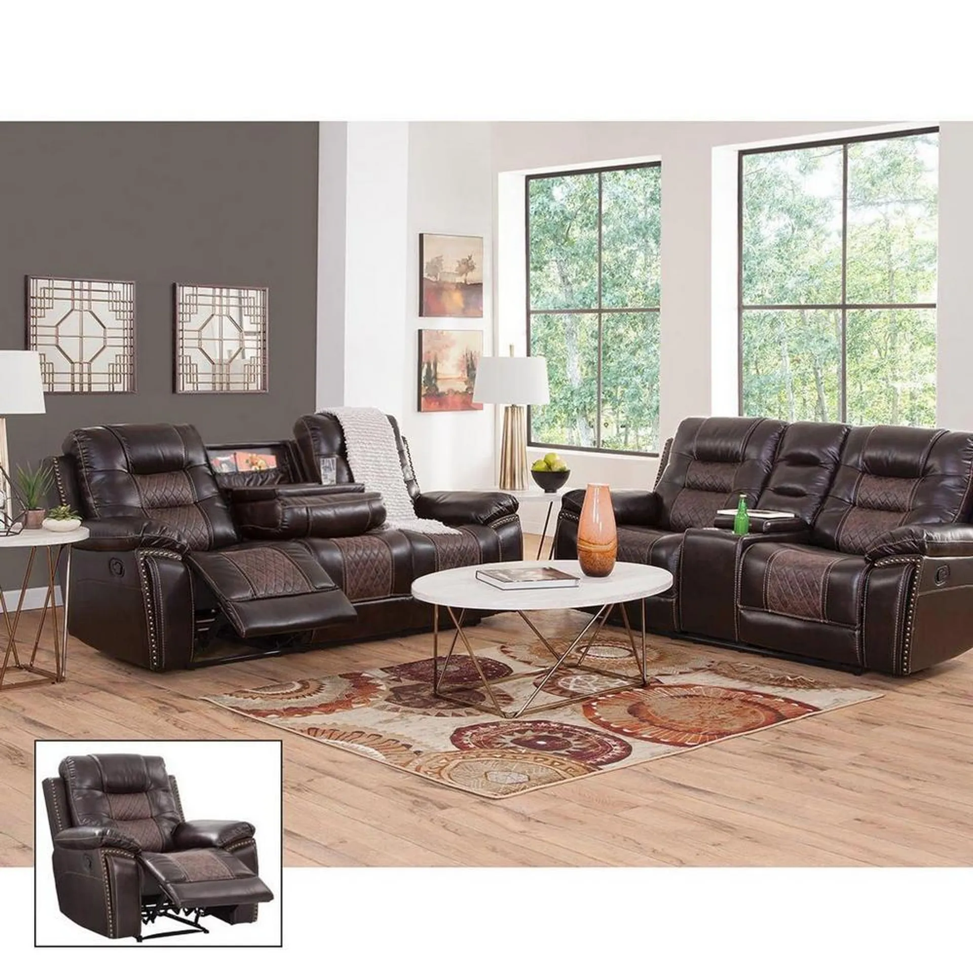 Commodore USB Reclining Sofa, Console Loveseat with Gliders & Rocker Recliner