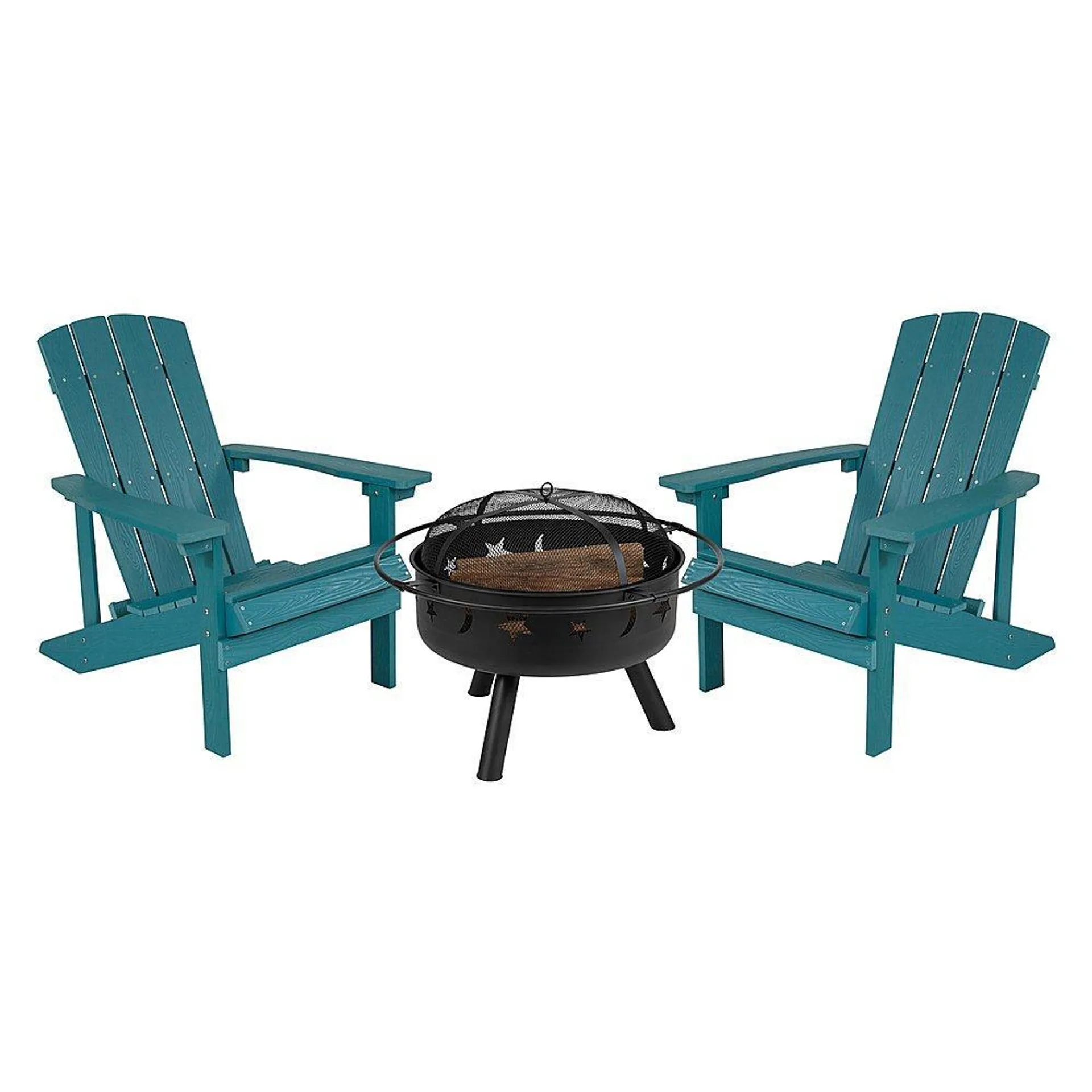 Charlestown Star and Moon Fire Pit with Mesh Cover & 2 Sea Foam Poly Resin Adirondack Chairs - Sea Foam