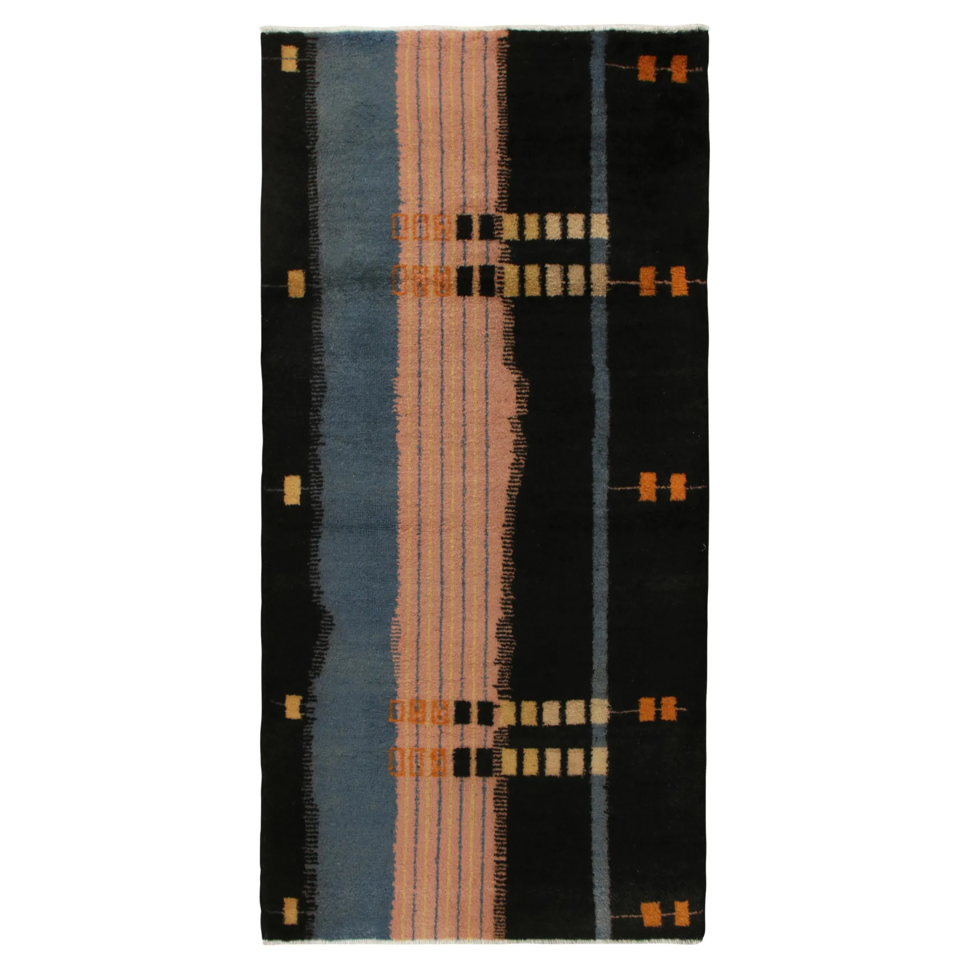 1960s Vintage Art Deco Rug in Black, Blue, Pink Geometric Pattern by Rug & Kilim