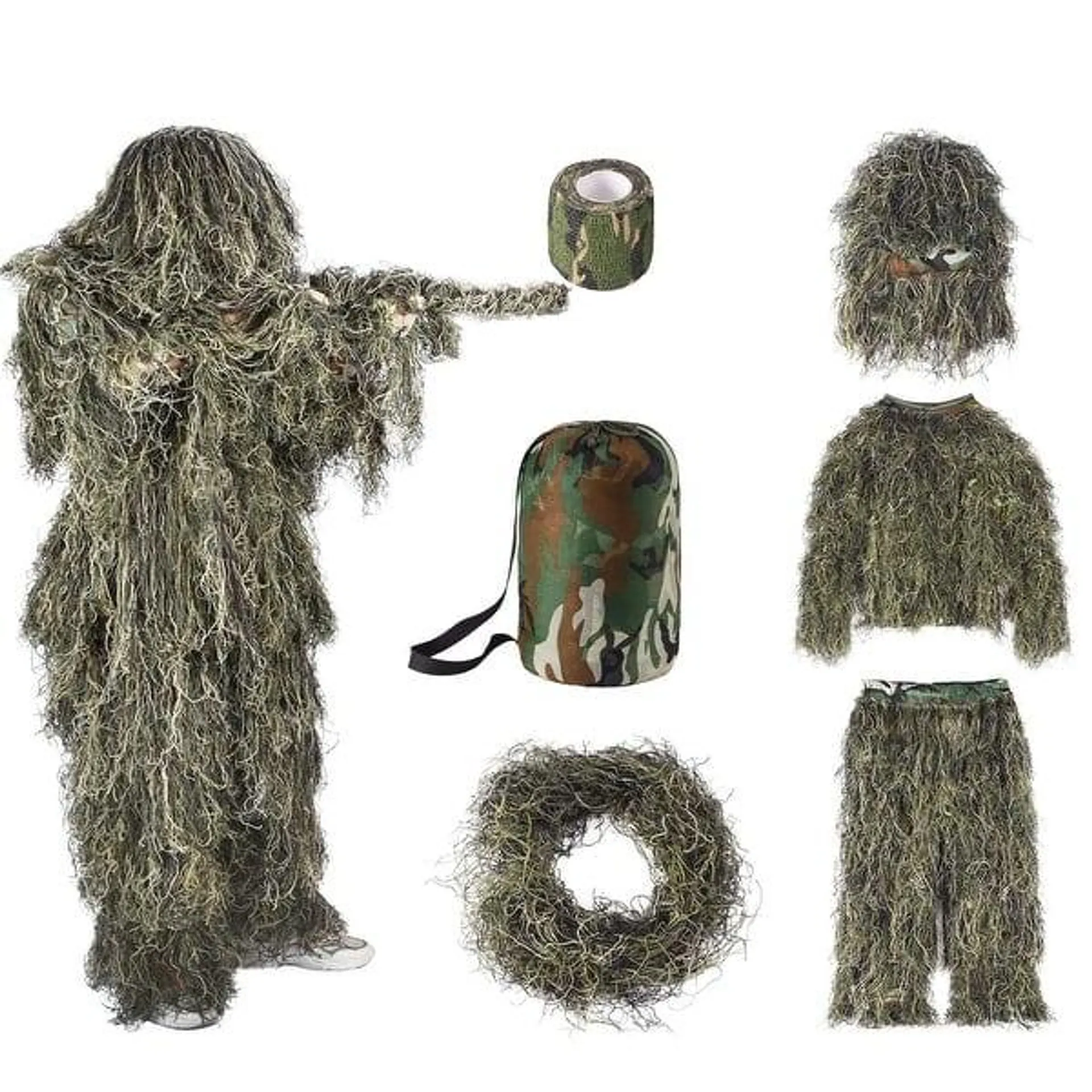 6 in 1 Ghillie Suit, 3D Camouflage Hunting Apparel Including Jacket, Pants, Hood, Carry Bag and Camo Tapes