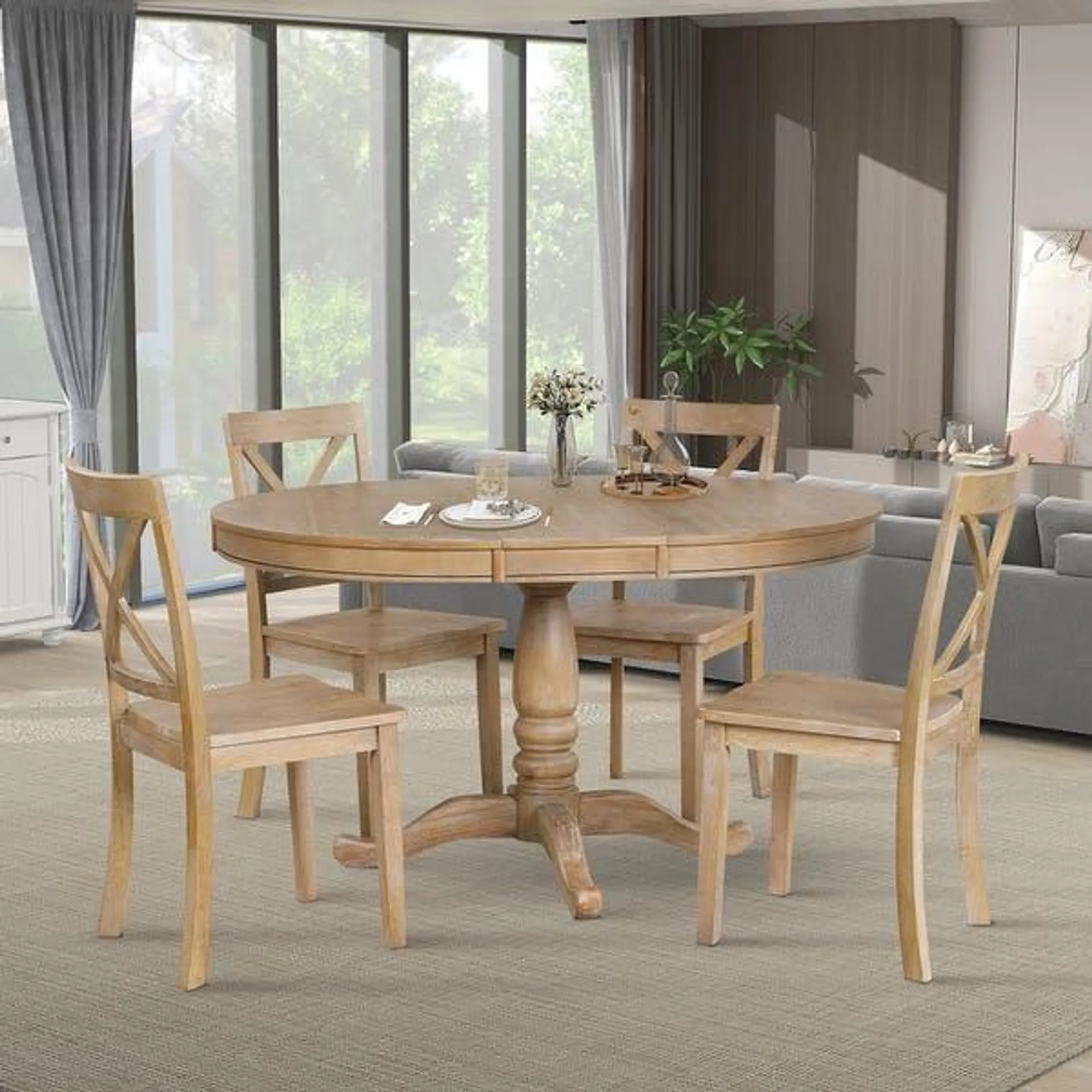 5 Piece Round Dining Table Set for 4 ,Natural Wood Wash