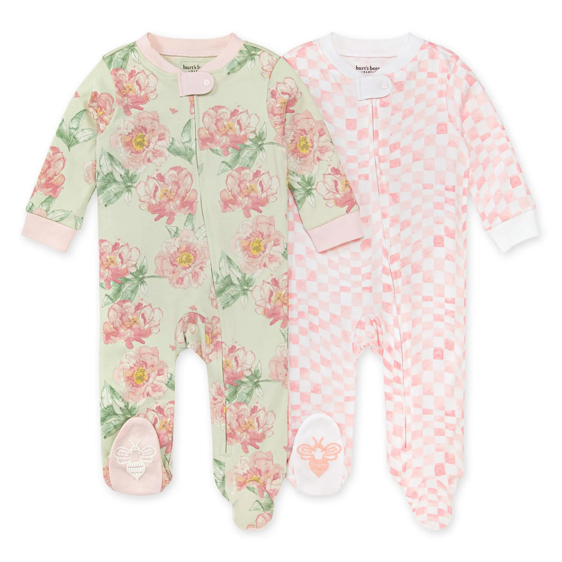 Burt's Bees Baby Girl 2 Pack Soft Elegant Floral & Wavy Check Sleep & Play