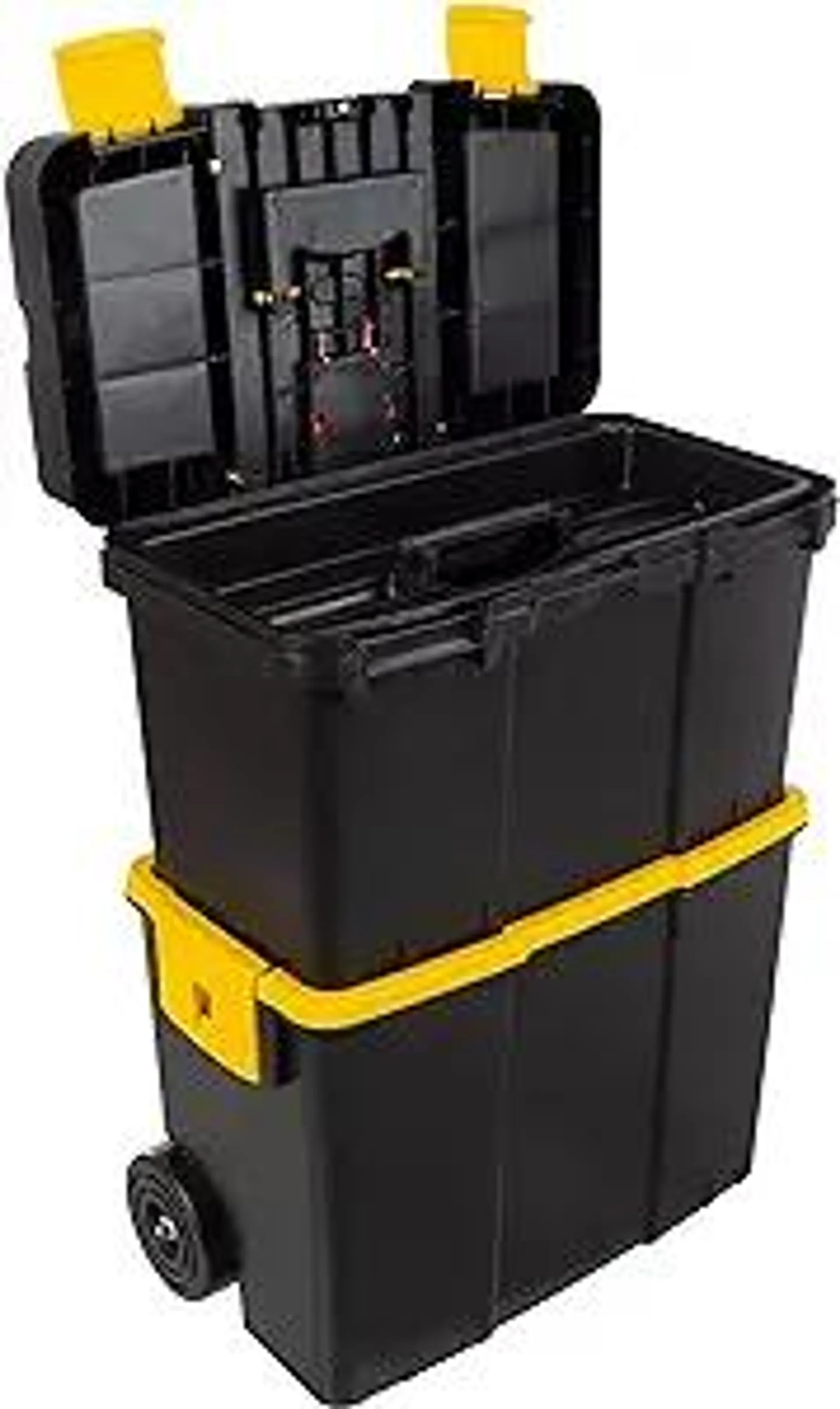 Portable Tool Box with Wheels - Stackable 2-in-1 Tool Chest with Fold-Down Comfort Handles, Tough Latches, and Removable Storage Trays by Stalwart, Black/Yellow