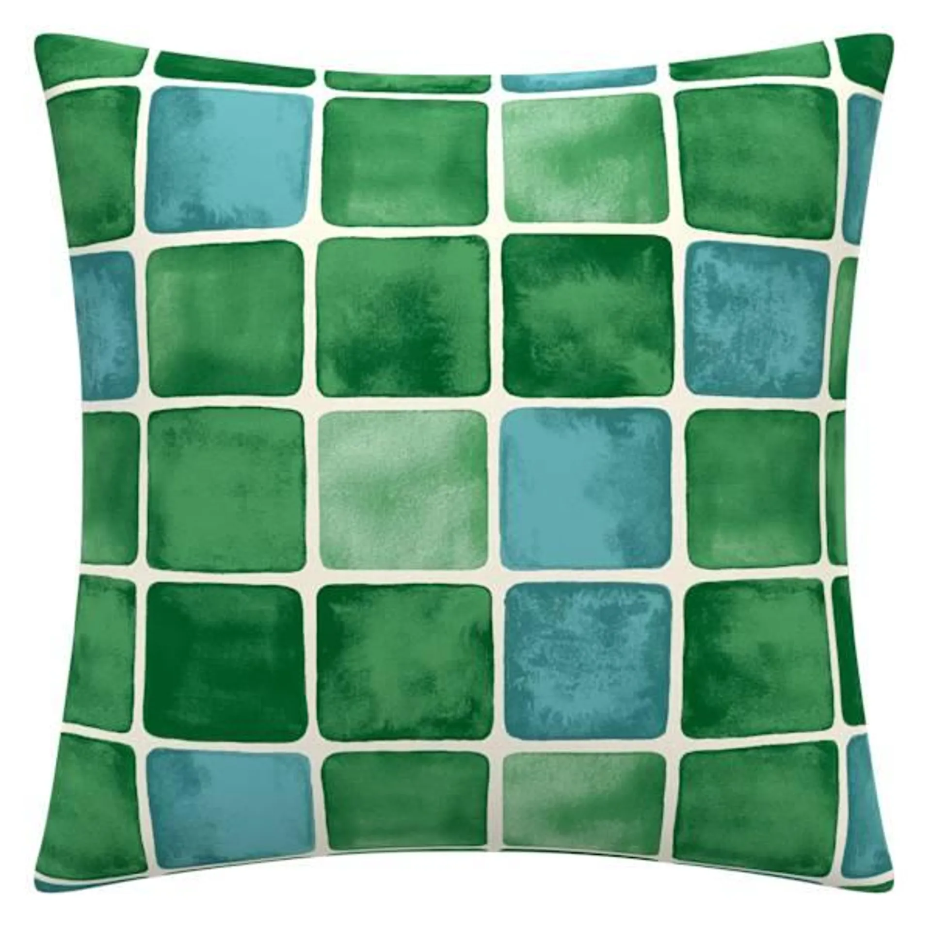 Green & Blue Watercolor Tile Square Outdoor Throw Pillow, 16"