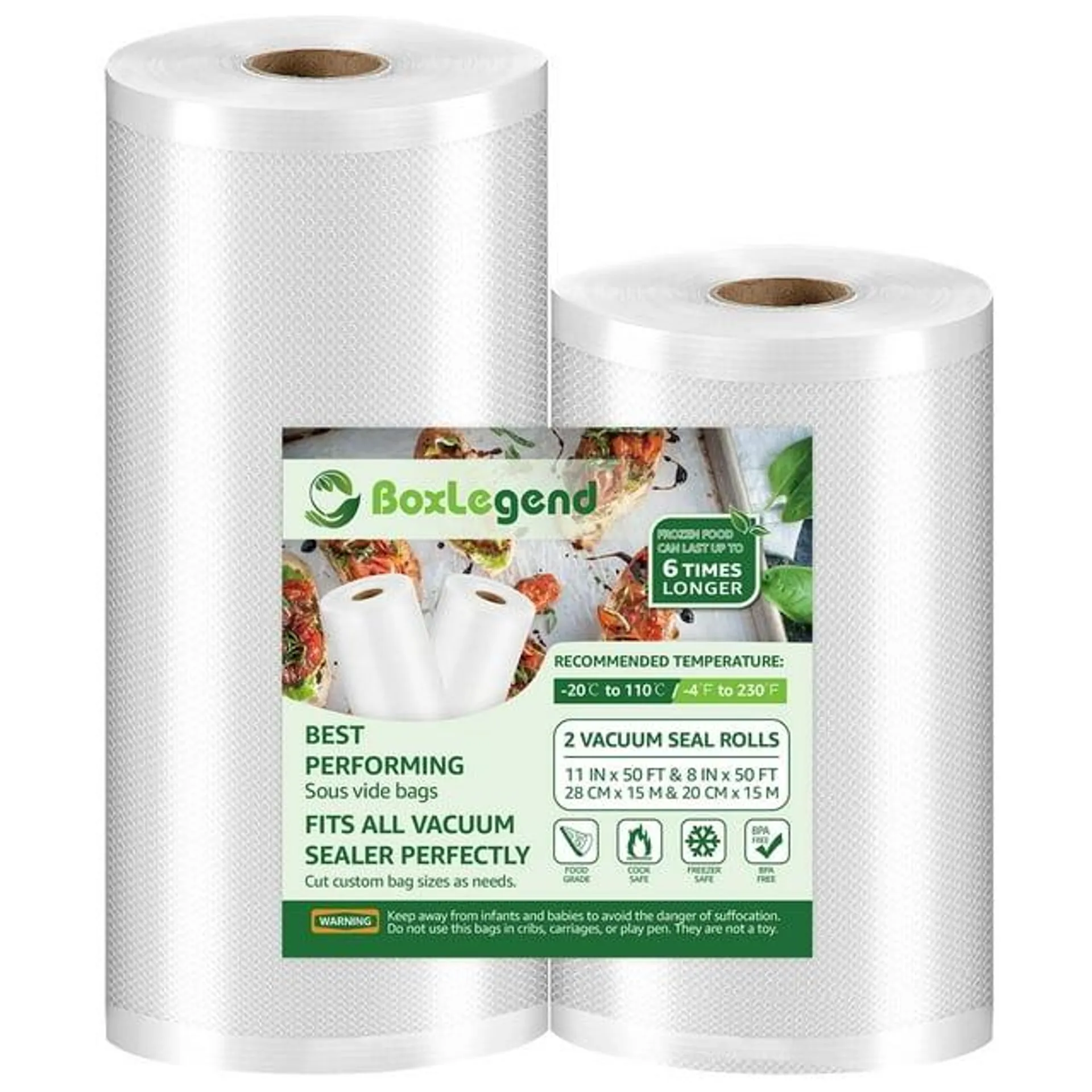 BoxLegend Vacuum Sealer Bags, 8''x50',11''x50 Combo 2 Pack Food Storage Rolls Freezer Safe Bag, Clear