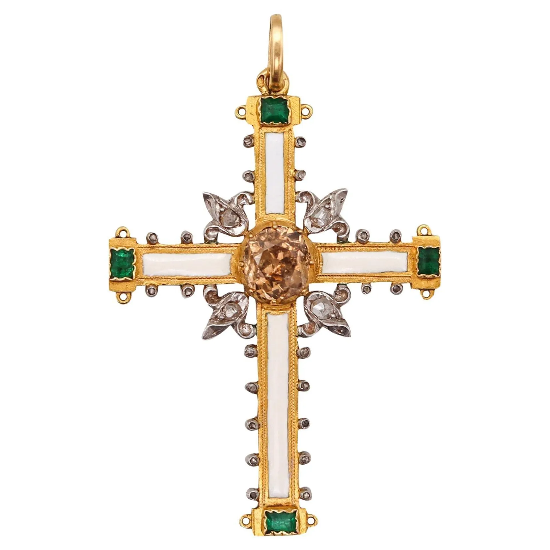 FRENCH 1775 Enameled Cross of Saint Louis In 18Kt Gold With Diamonds And Emerald