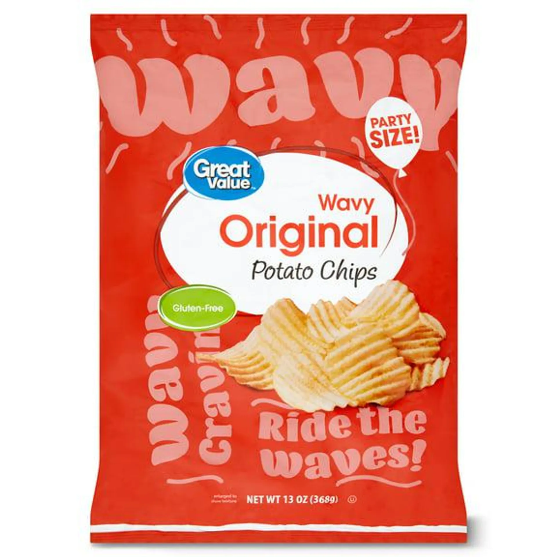 Great Value Party Size Original Wavy Potato Chips, 13 oz