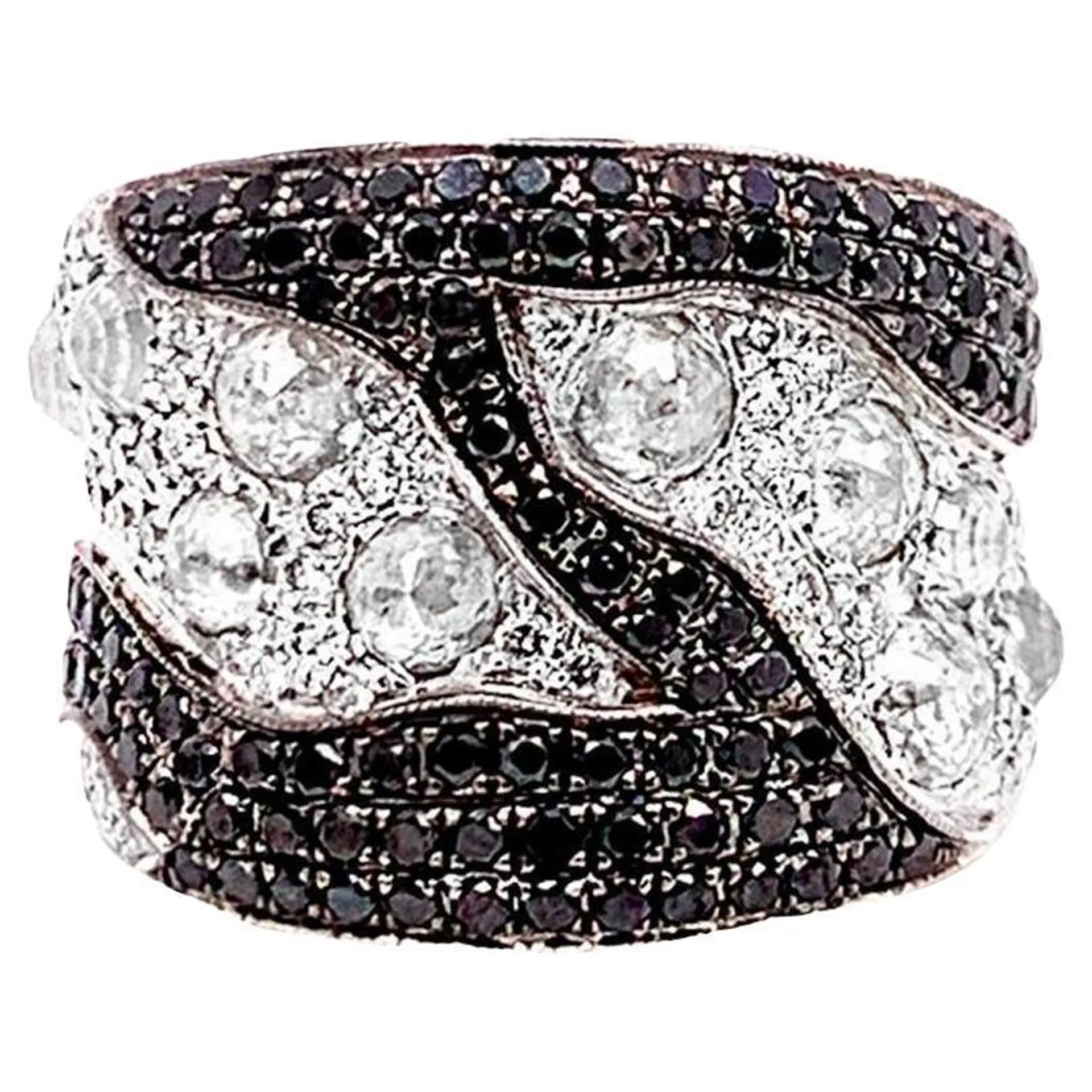 Black And White Diamond Ring 3.37 Carats 18K White Gold