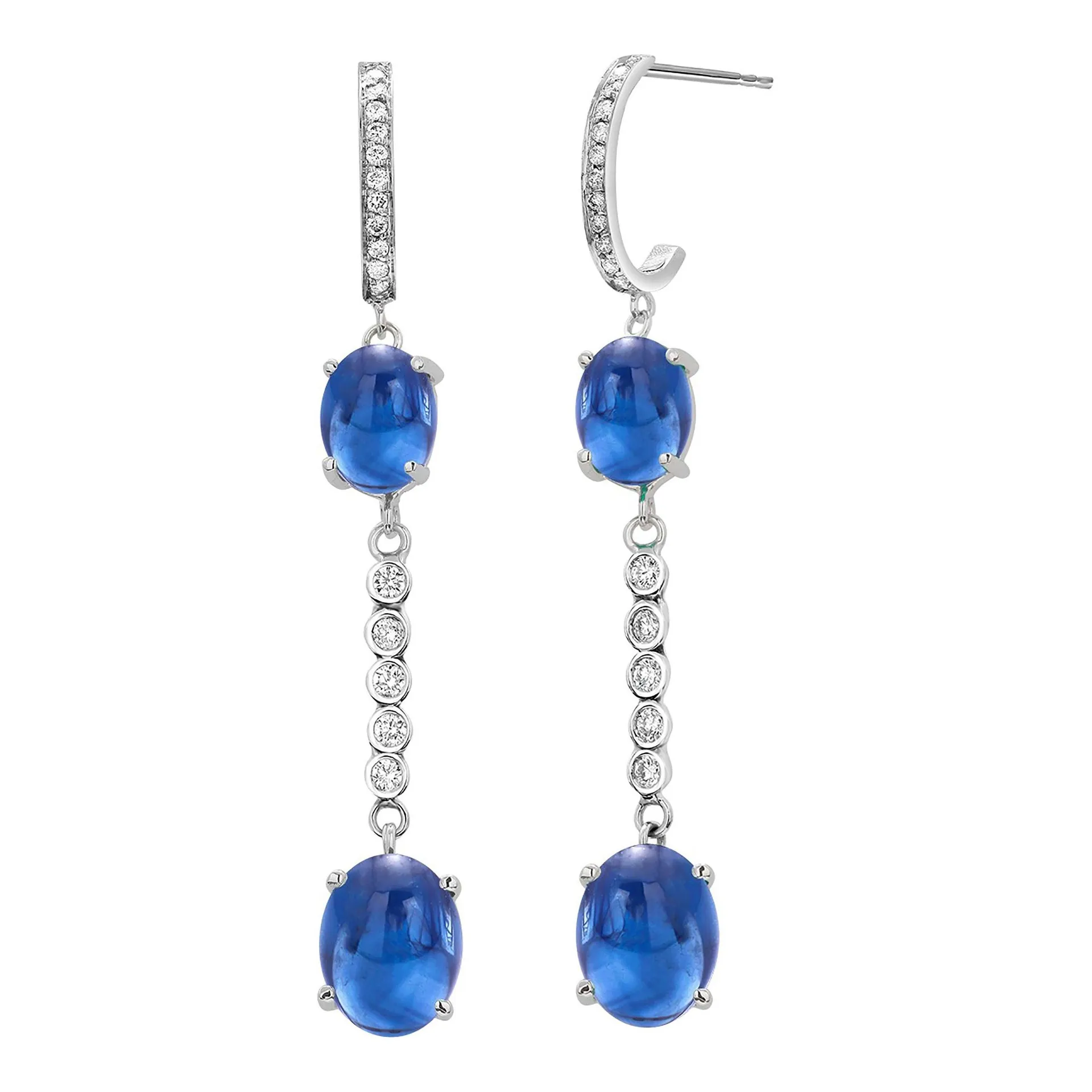 Four Ceylon Cabochon Sapphire Diamond 8.10 Carat 2 Inch White Gold Hoop Earrings