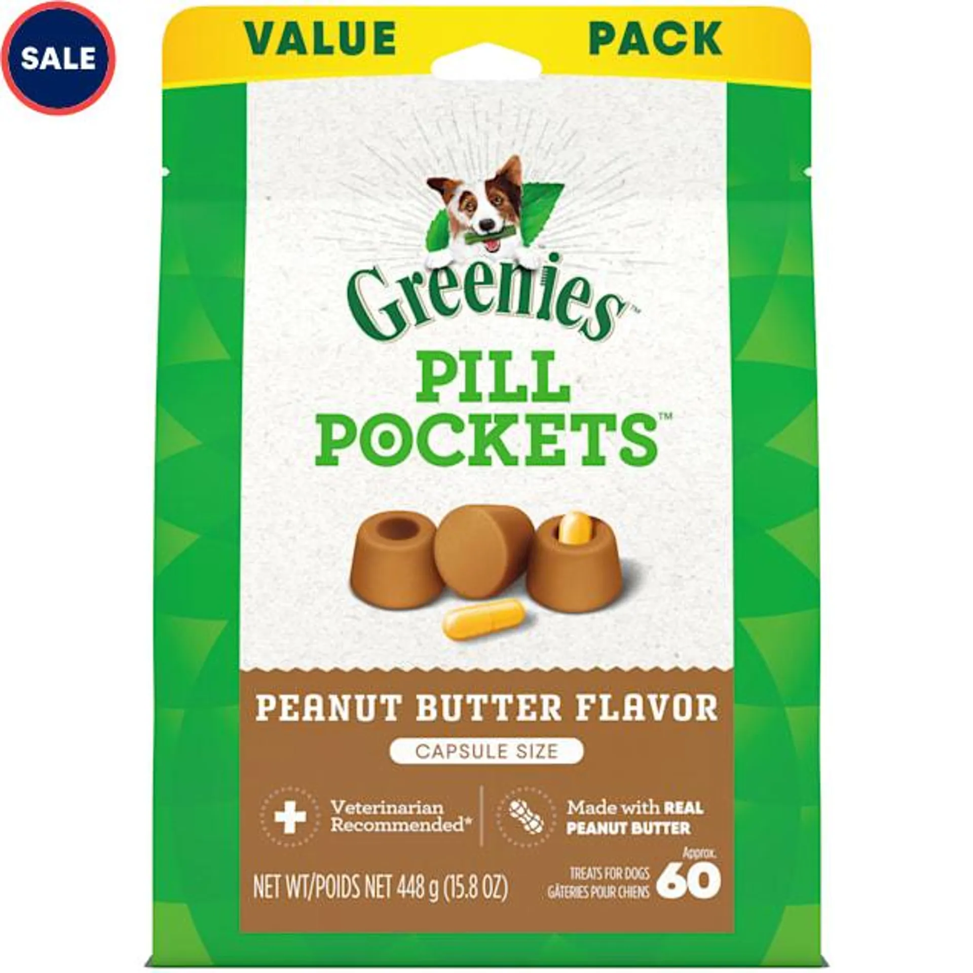 Greenies Pill Pockets with Real Peanut Butter Capsule Size Natural Soft Dog Treats, 15.8 oz., Count of 60