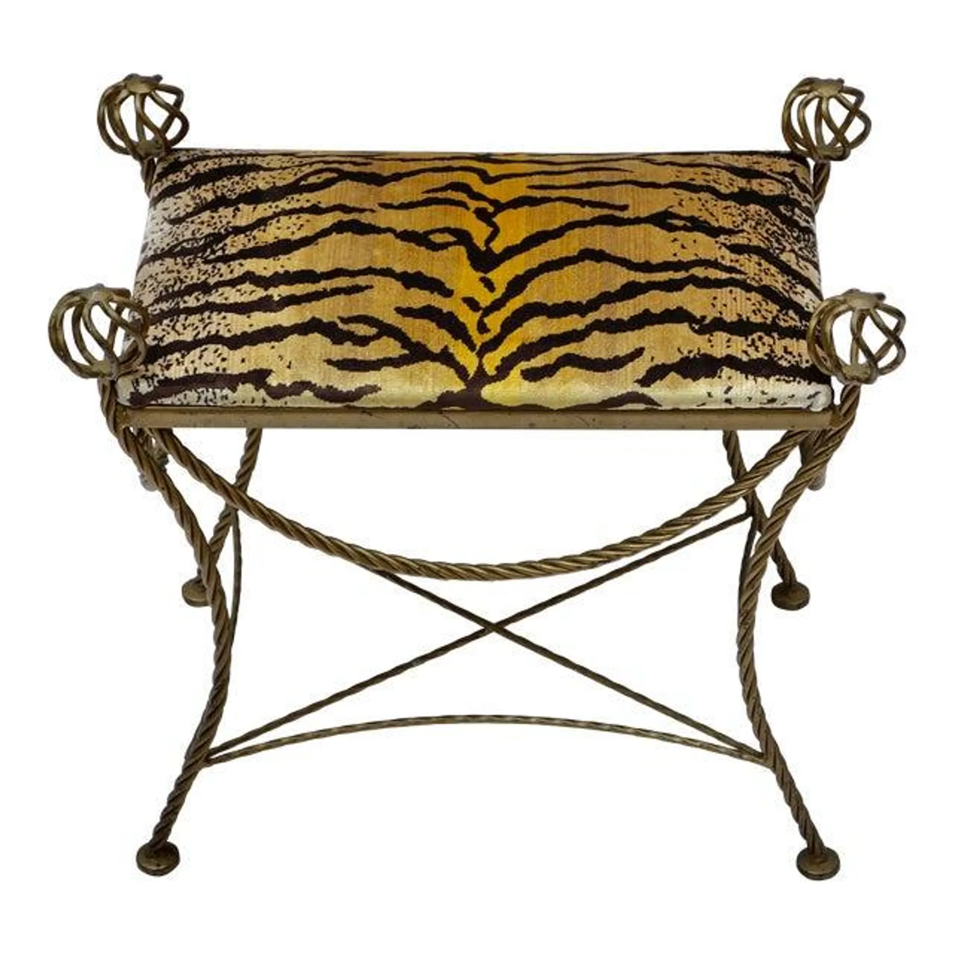 Mid 20th Century Florentine Iron Bench From Italy Upholstered in Tiger Striped Velvet