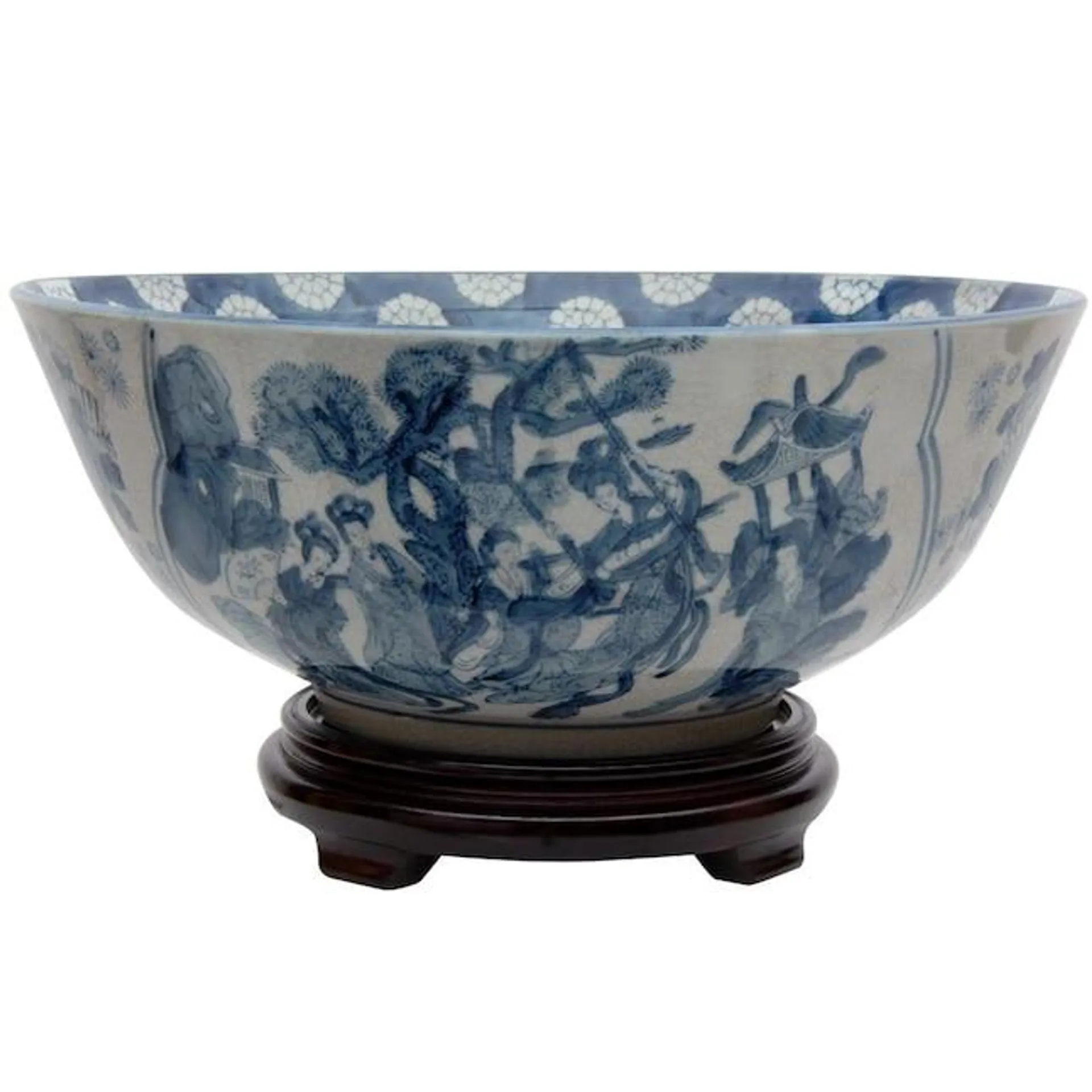 Red Lantern Blue Ming Chinese Decorative Bowl 14-in Diameter, 5.75-in H - Authentic Porcelain Ceramic