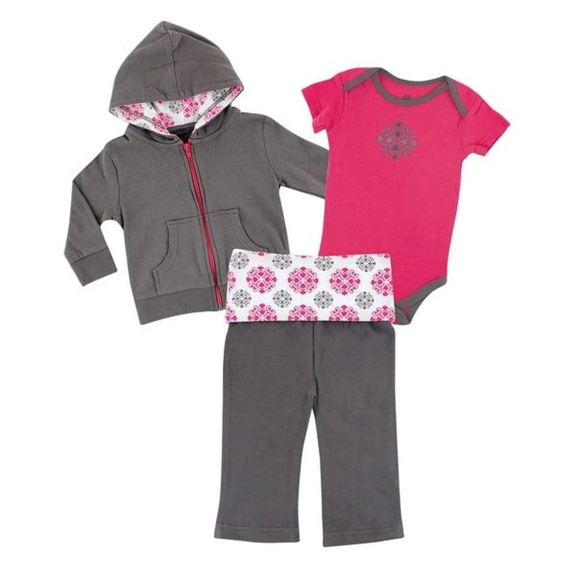 Yoga Sprout Baby and Toddler Girl Cotton Hoodie, Bodysuit or Tee Top, and Pant, Medallion Baby