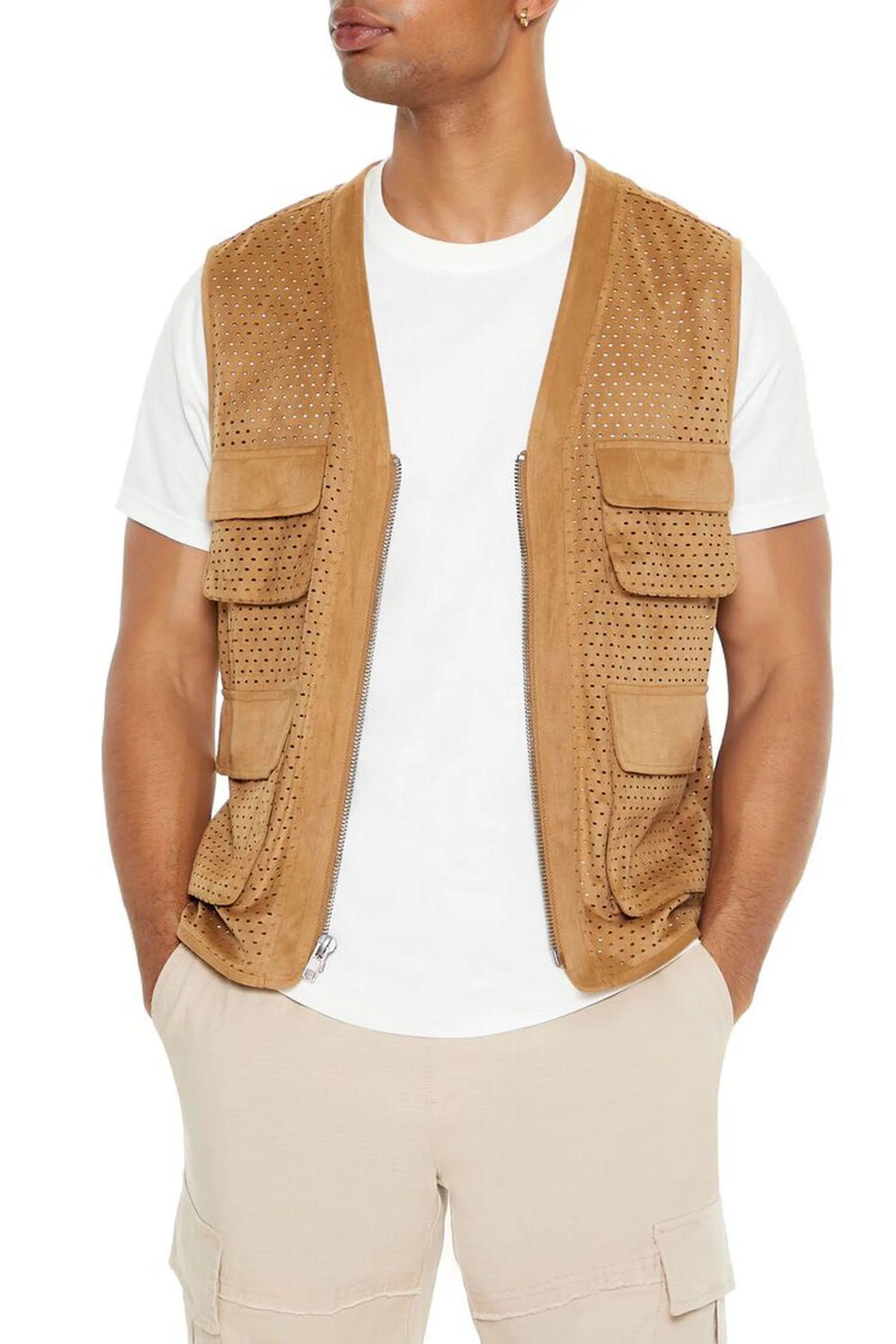 Faux Suede Perforated Cargo Vest