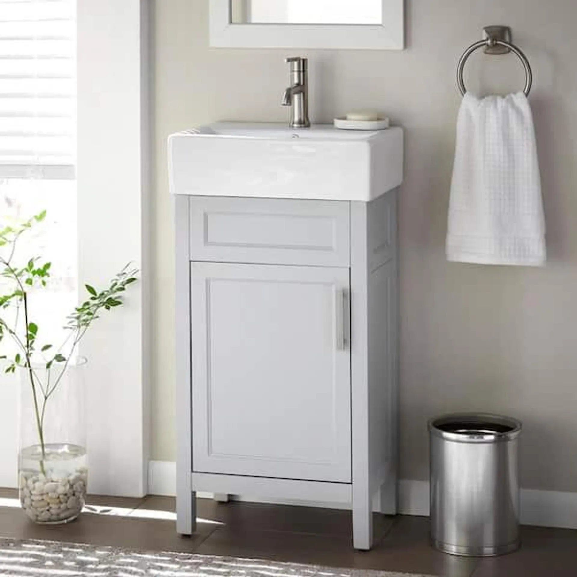 Arvesen 18 in. W x 12 in. D x 34 in. H Single Sink Bath Vanity in Dove Gray with White Ceramic Top