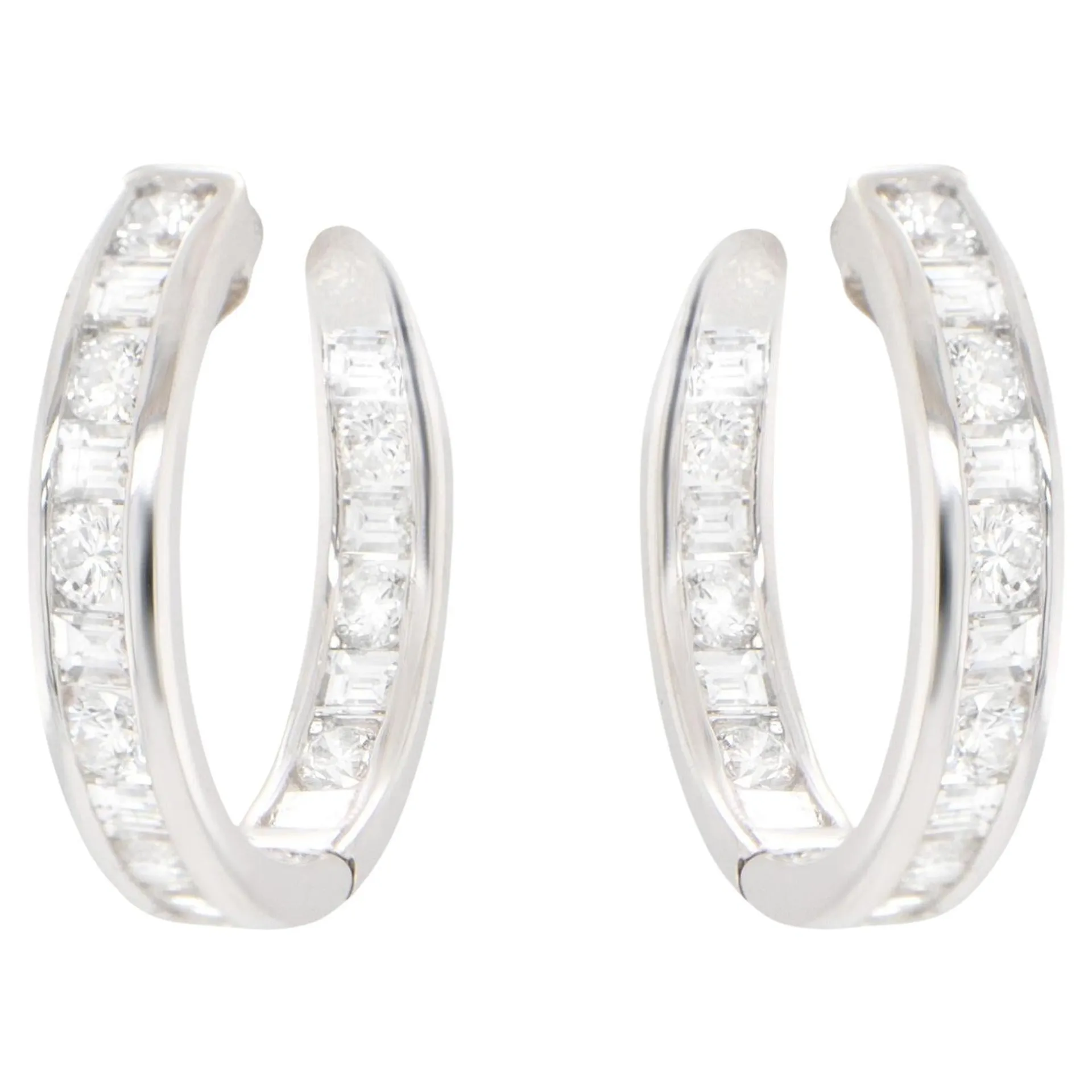 Double Diamond Hoop Earrings Baguette and Round 2.16 Carats 18K Gold