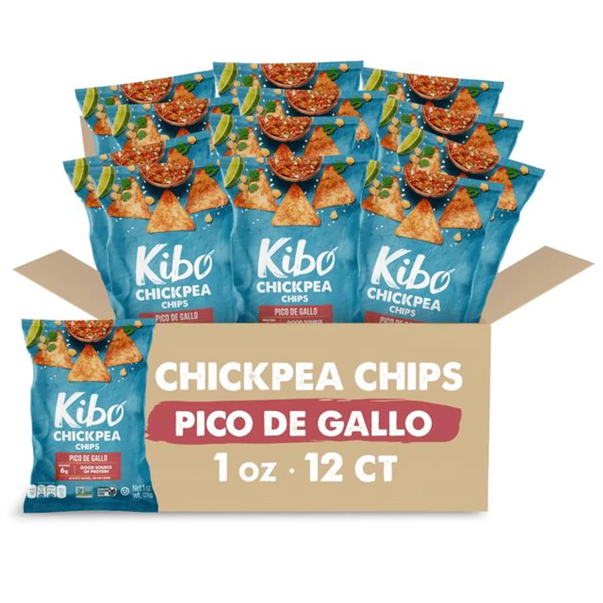 Kibo Healthy Snacks Chickpea Chips High Protein, Plant Based, Vegan, Gluten Free, Non GMO, Kosher, Bold & Crunchy - Pico de Gallo - 1 oz, 12 Count