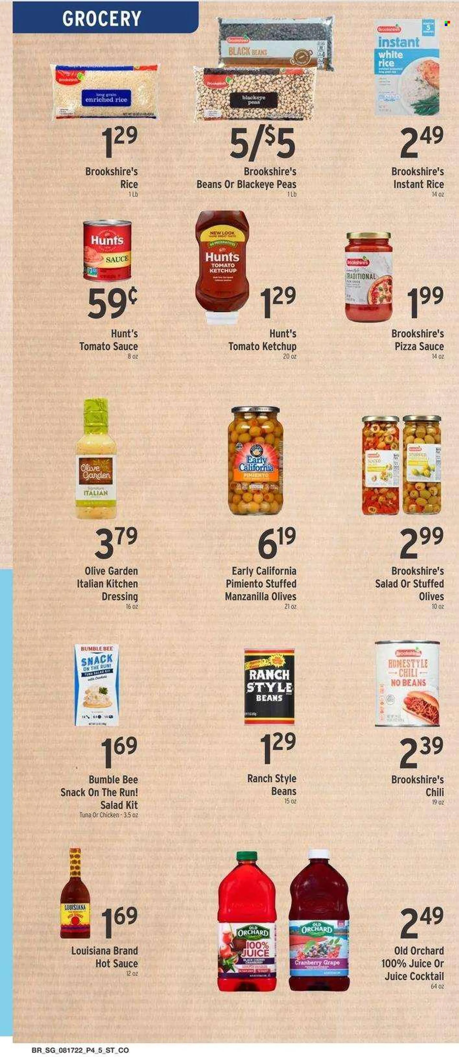 Brookshires Flyer - 08/17/2022 - 08/23/2022 - Sales products - beans, peas, cherries, tuna, Bumble Bee, sauce, snack, black beans, tomato sauce, olives, rice, white rice, hot sauce, ketchup, dressing, juice, Bumblebee. Page 4.
