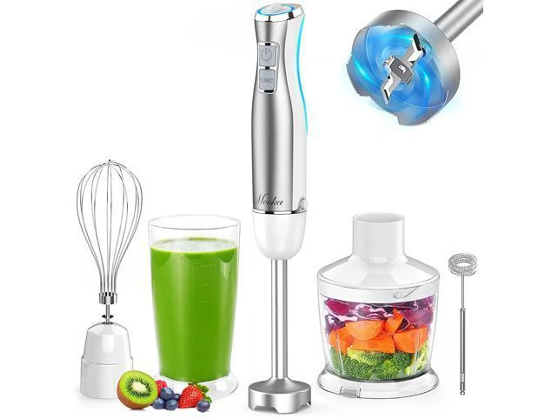 MOOKA Hand Blender, 5-in-1 Multi-Purpose Immersion Blender, 1100W 12-Speed Stick Blender, 600ml Beaker, 500ml Food Chopper, Egg Whisk, Milk Frother, White